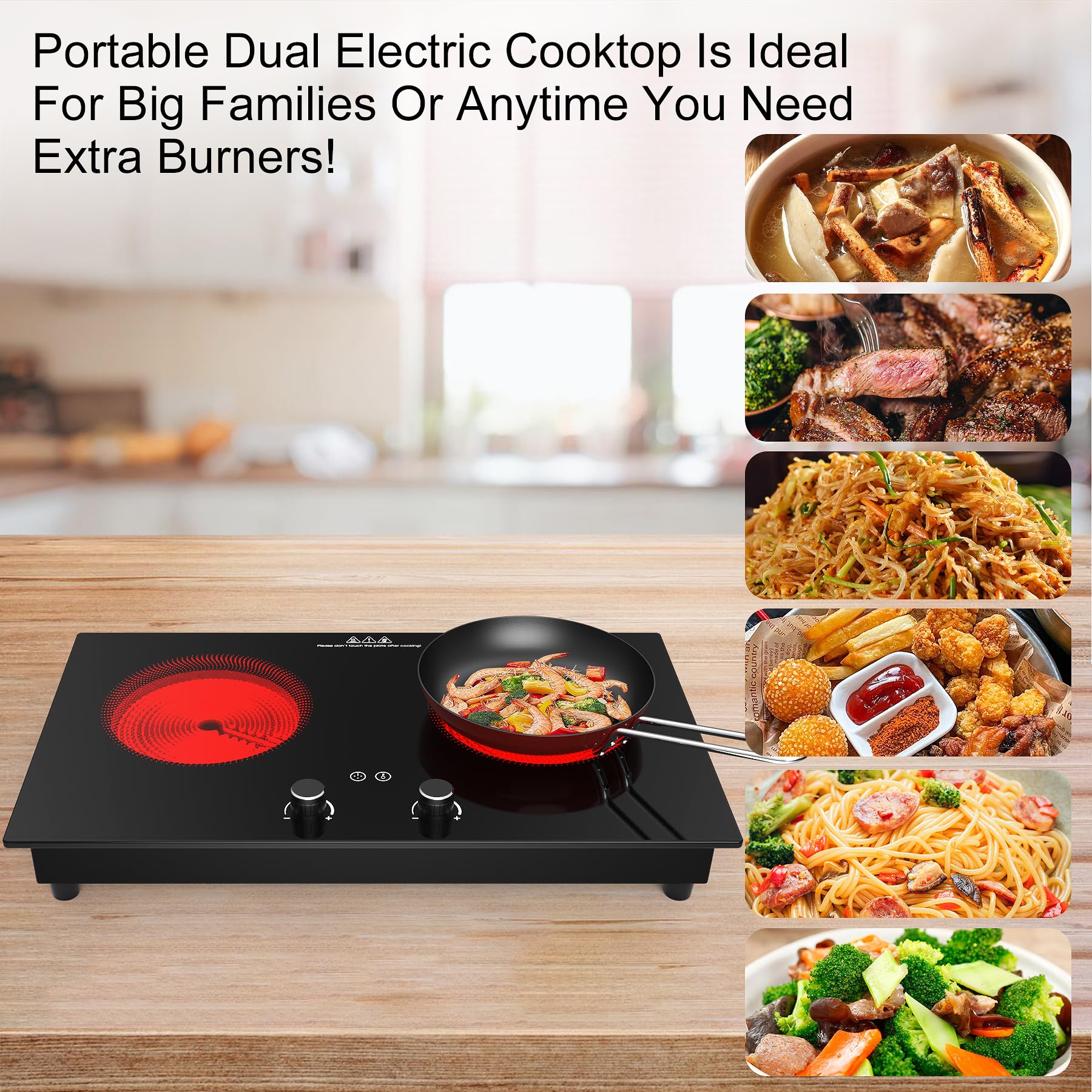 Cocina eléctrica, estufa eléctrica de 2400 W, encimera y placa caliente integrada con bloqueo de seguridad para niños, temporizador, control de perilla táctil LED, protección contra 3
