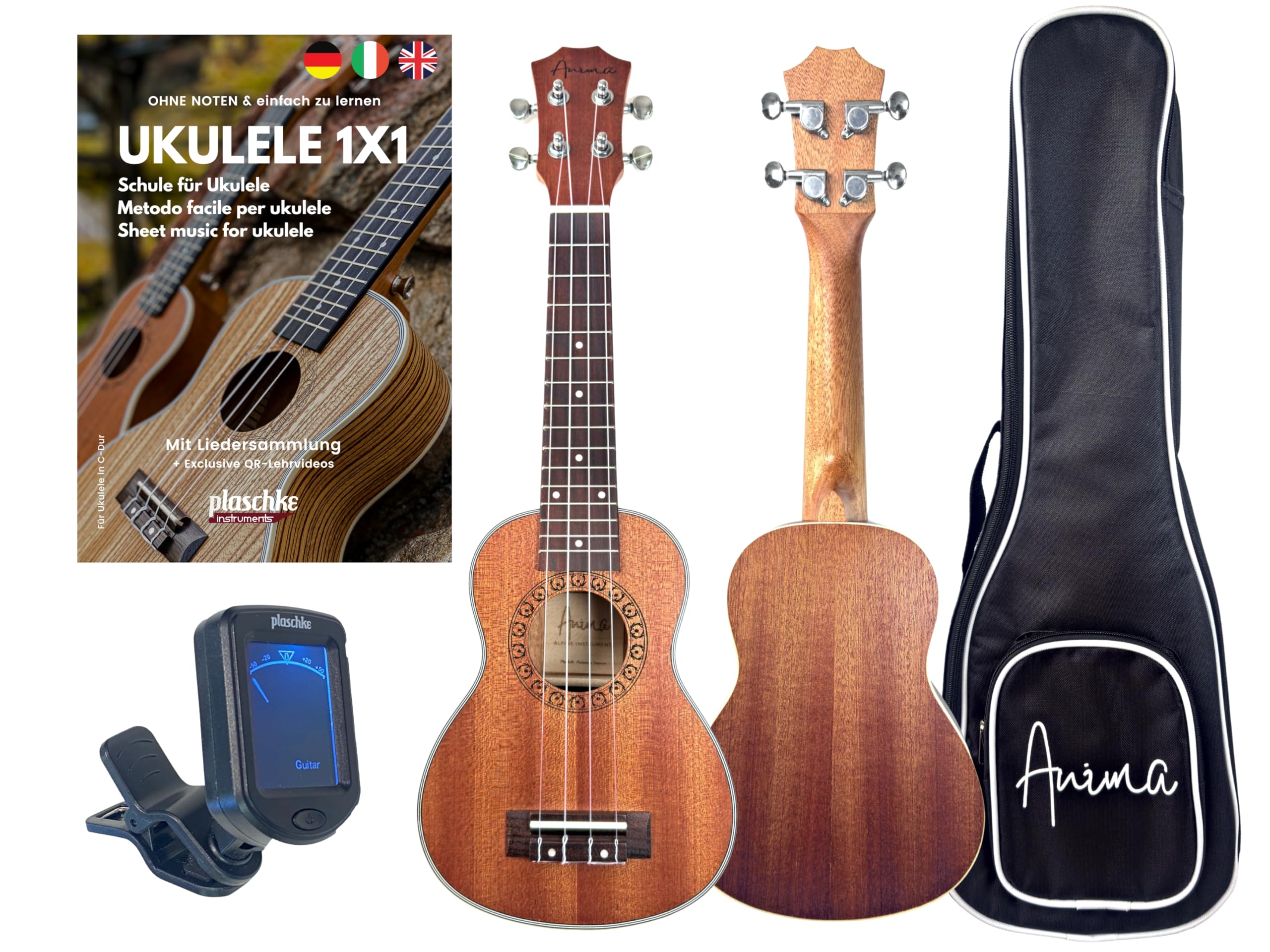 ANIMA Set ukulele soprano Mahonia in mogano con borsa e metodo facile, ideale per principianti, bambini e adulti