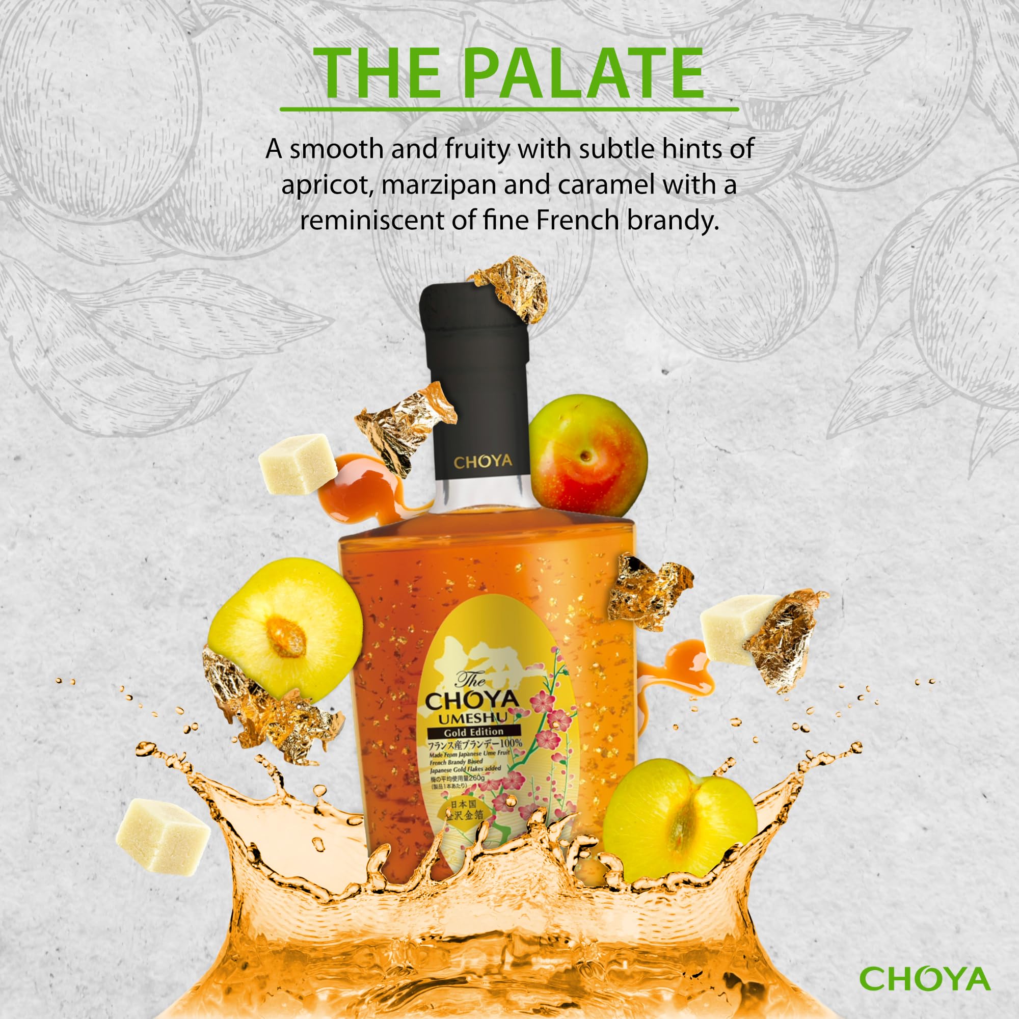 Choya Umeshu Gold Edition, mit echten Blattgold Flocken (japanischer Ume Fruchtlikör & französischer Brandy, Ume Frucht, 19% vol.) 1er Pack (1 x 0.5 l)