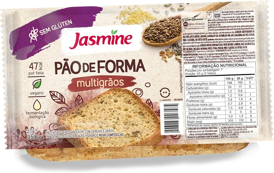 Jasmine Pão de Forma Multigrãos Sem Glúten 350g