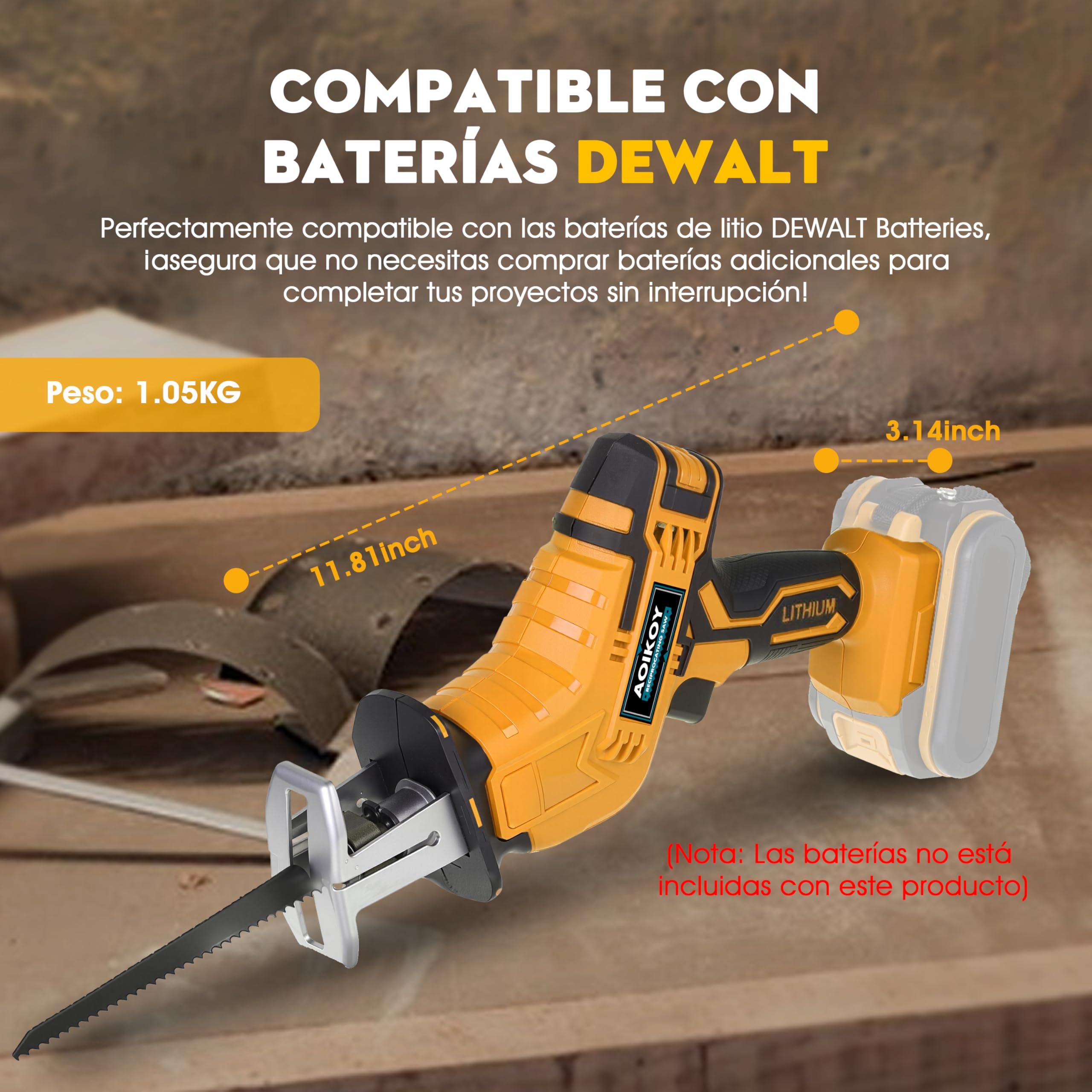 Sierra Sable Sin Cable para Dewalt 21V, Segadora Alternativa Sin Escobillas con 4 Hojas, Velocidad Ajustable 0-2500 RPM para Corte de Madera/Metal/PVC (Sin Batería)