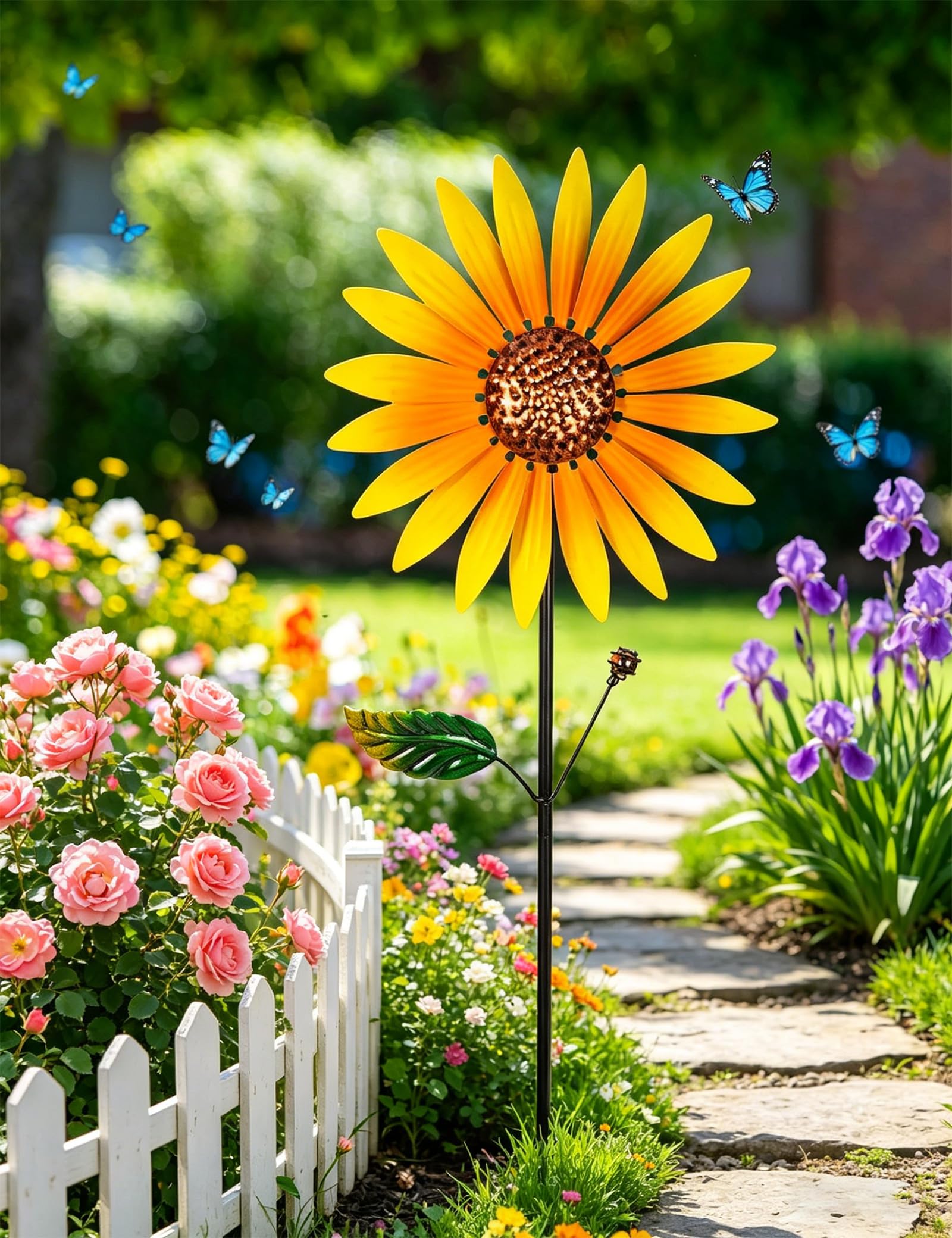 2 Pezzi Girandole da Giardino in Metallo, 160cm Mulino a Vento da Esterno, Scultura Cinetica a Doppia Rotazione - Forma di Girasole