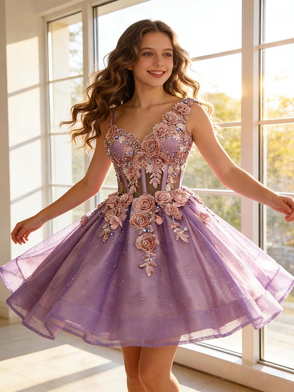 3D Floral Short Homecoming Dress for Teens Tulle DAMA Dresses for Quinceanera Lace Appliques Beaded Prom Party Gown