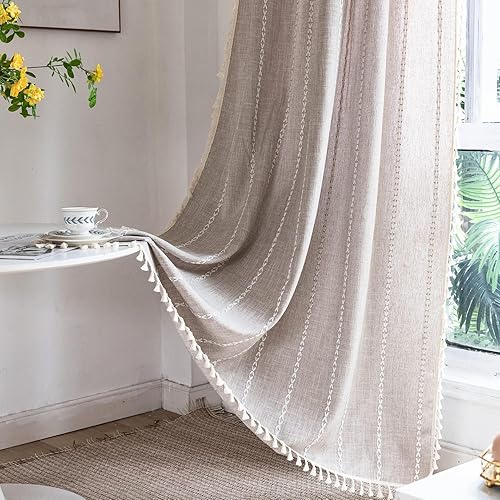 Deeprove Cortinas bohemias color natural, con bordado de lino de algodón, con borlas, del campo francés, para habitación, sala, patio, 1 panel de