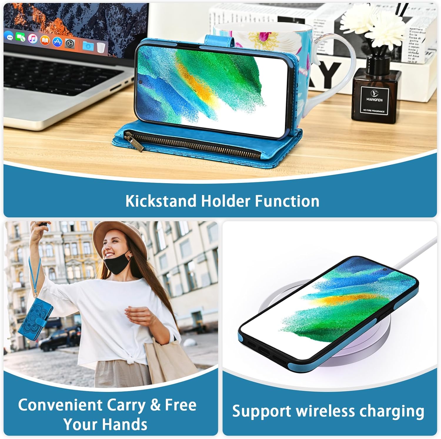 Asuwish Phone Case for Samsung Galaxy S21 FE 5G Zipper Wallet Cell Cover with Tempered Glass Screen Protector Strap Mandala Flower Card Holder S 21 EF S21FE5G UW S21FE 21S G5 6.4 inch Women Girls Blue