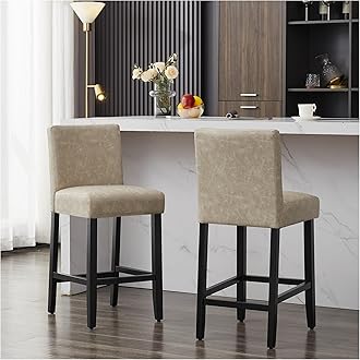 26'' Faux Leather Bar Stools Set of 2, Modern Upholstered Bar Height Bar Chairs, Soild Wood Legs Barstools with Back, Beige