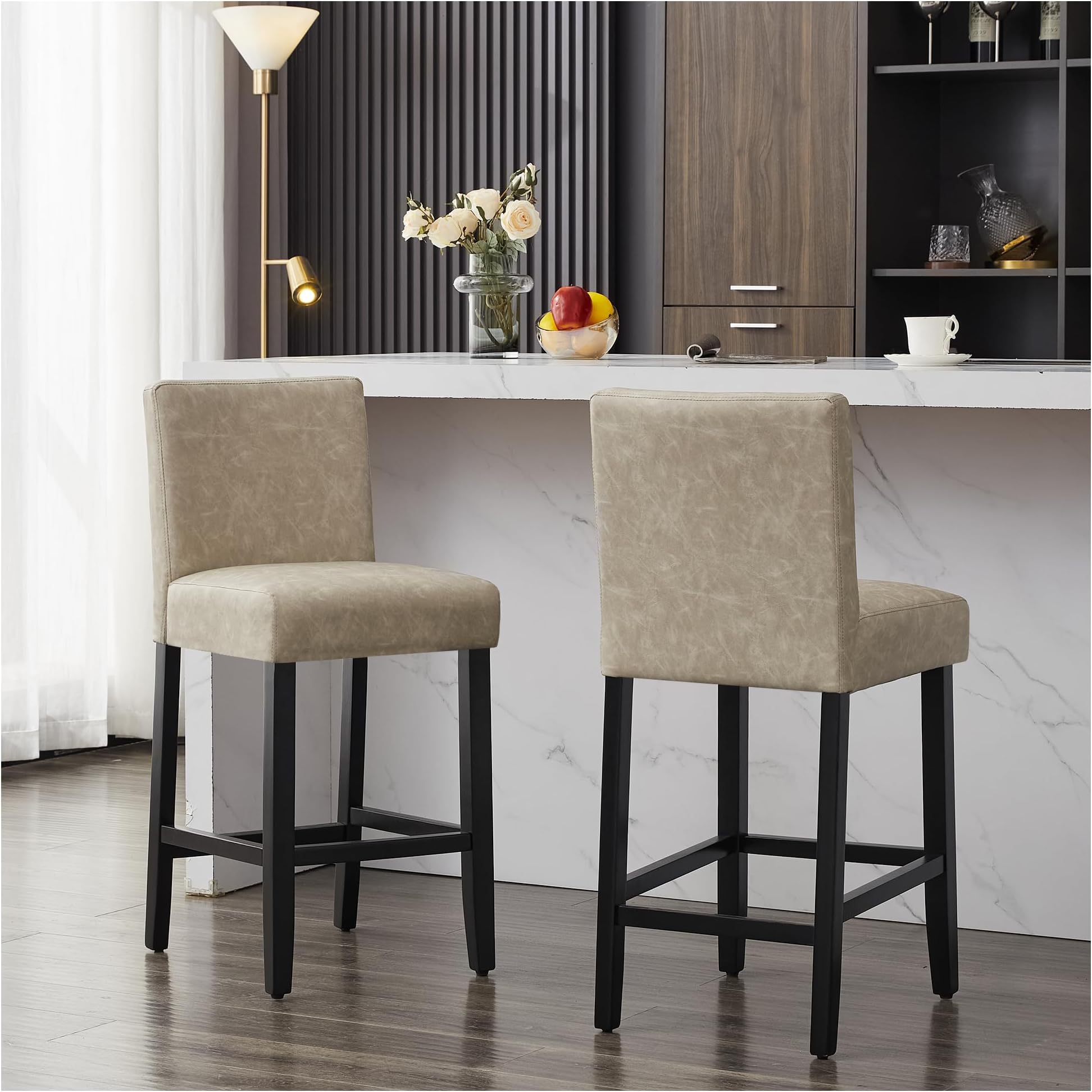 26'' Faux Leather Bar Stools Set of 2, Modern Upholstered Bar Height Bar Chairs, Soild Wood Legs Barstools with Back, Beige