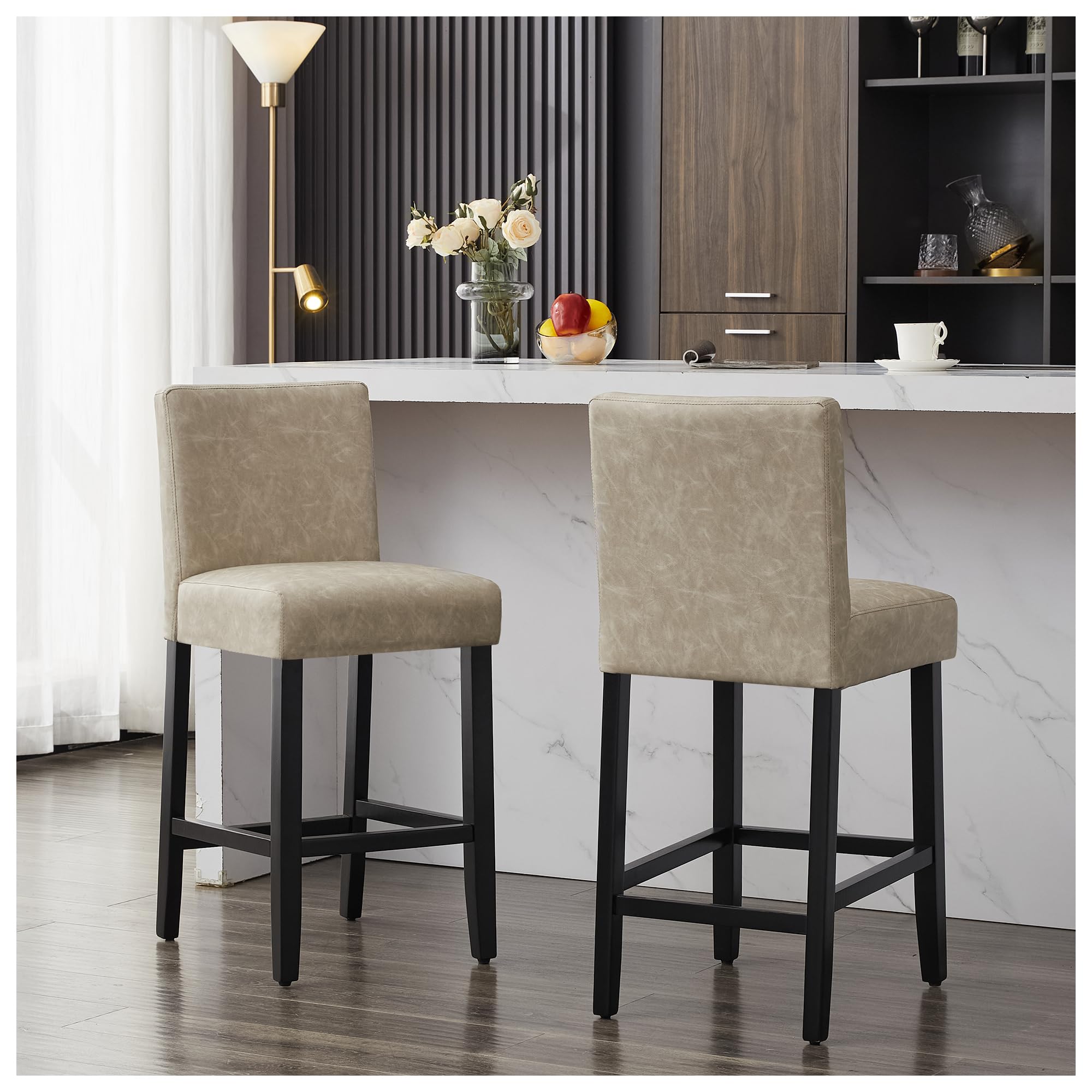 26'' Faux Leather Bar Stools Set of 2, Modern Upholstered Bar Height Bar Chairs, Soild Wood Legs Barstools with Back, Beige