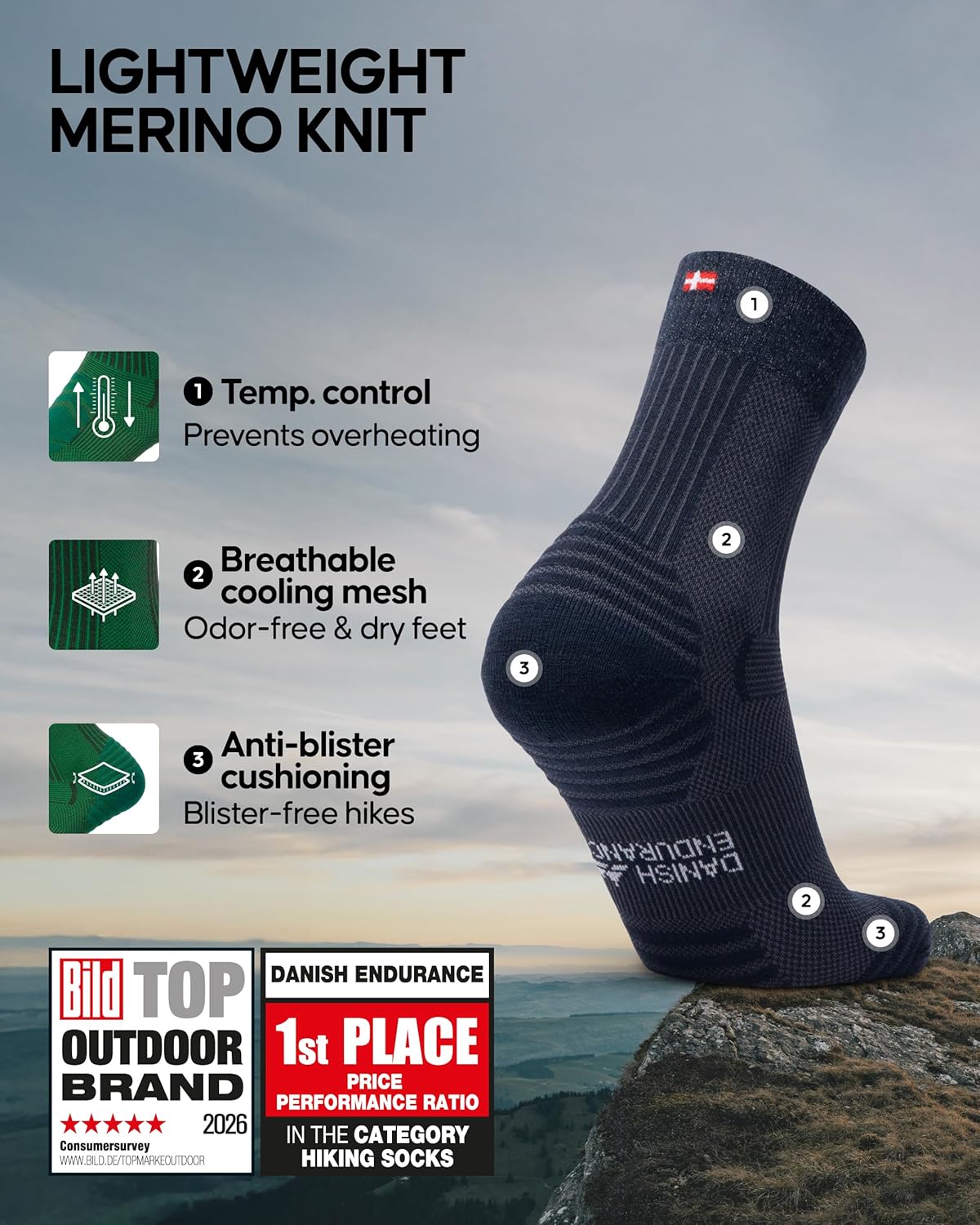 DANISH ENDURANCE Hiking Socks, Lightweight, Merino Wool Socks for Men & Women, Moisture Wicking & Thermal, 3 or 5 Pack - Image 2