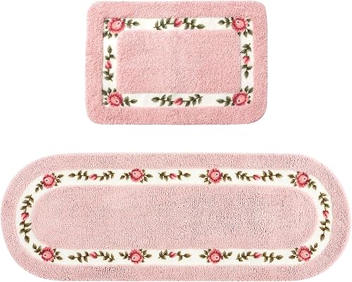 Miniatura 1 de Juego de 2 alfombras de baño con rosas y flores para dormitorio, antideslizantes, absorbentes, románticas, con diseño de rosas, coquetas, para baño,