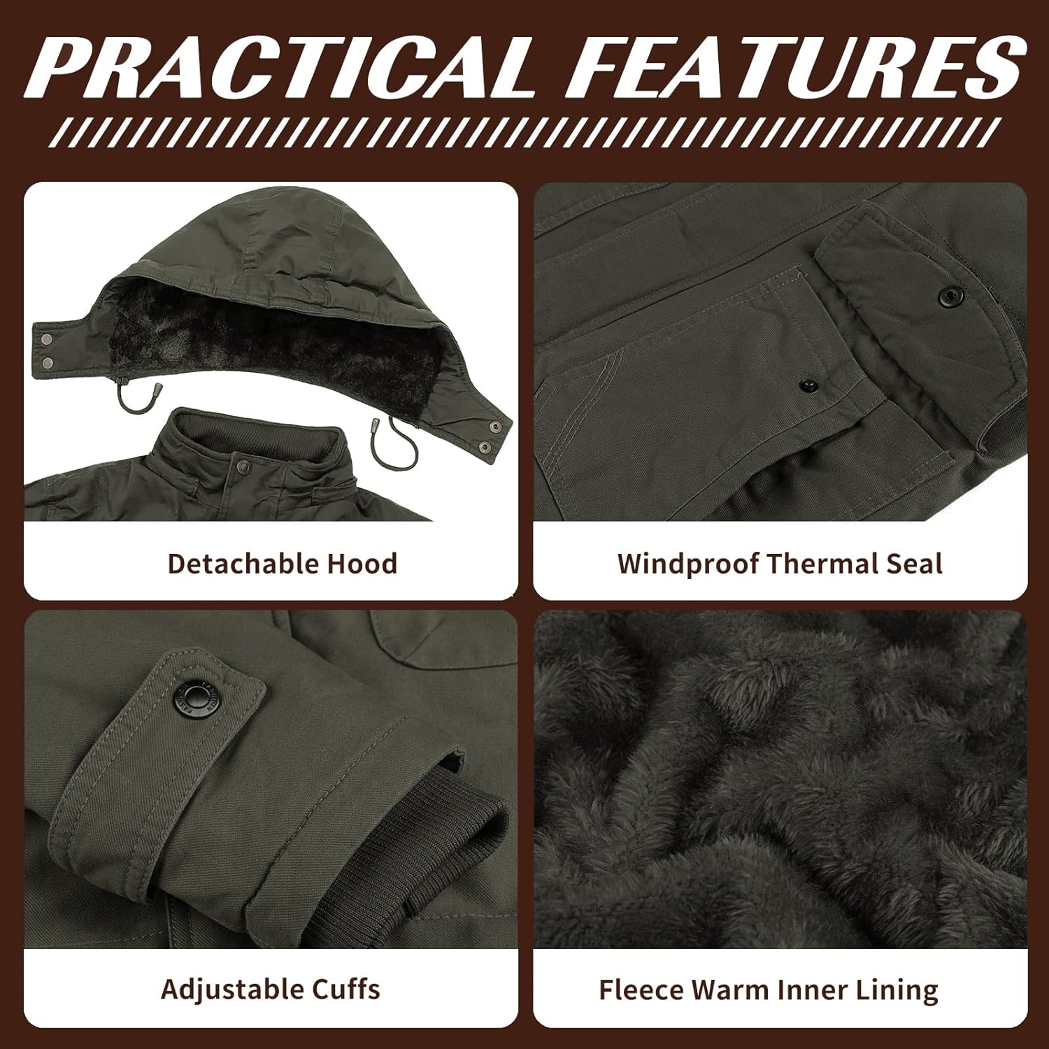 Mens Jacket Winter Casual Fleece Lined Cotton Thick Military Tactical Hooded Work Coats with Cargo Pockets - Image 5