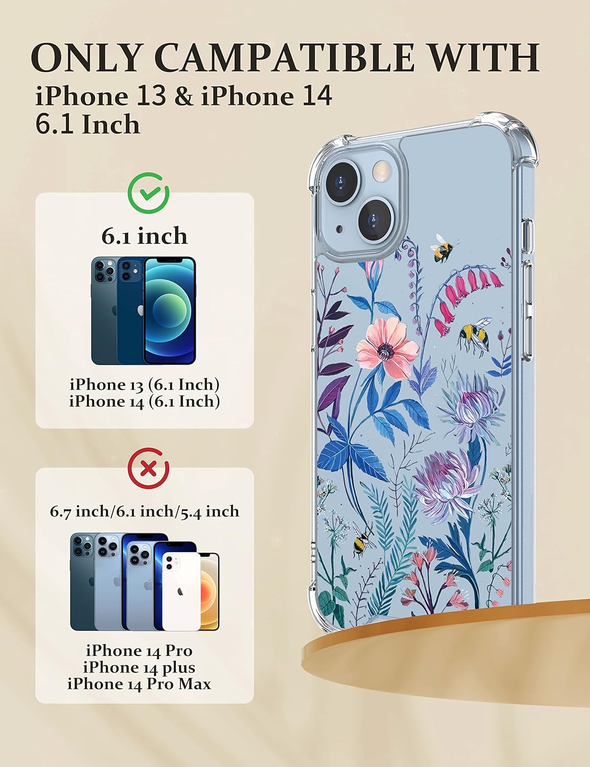 Cutebe [3 in 1 Crystal Phone Case for iPhone 13(2021)/iPhone 14(2022) 6.1", Cute Protective Cover with 9H Temper Glass Screen Protector + HD Temper Camera Lens Protector for Women, Girls