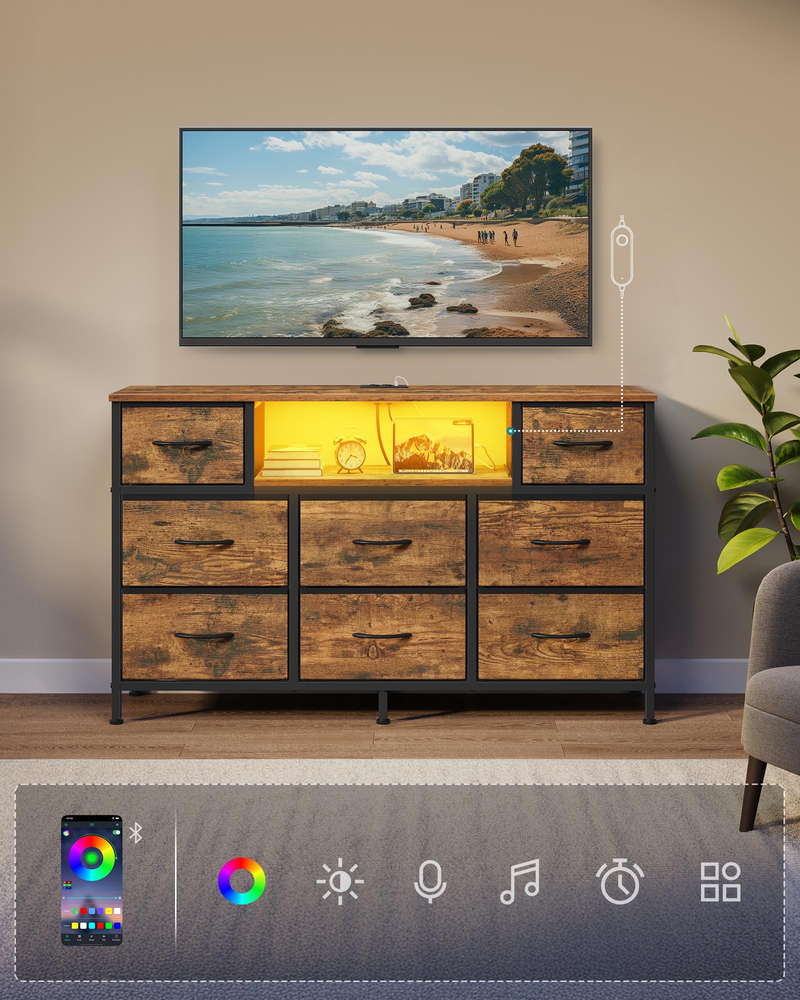 SONGMICS Komoda z 8 Szufladami, Szafka RTV z Oświetleniem LED i Stacją Ładującą, Otwarta Półka, Stalowa Rama, do Sypialni, Salonu, 113,8 x 30 x 68,1 cm, Rustykalny brąz, Kolekcja Bellah LGS433KD02