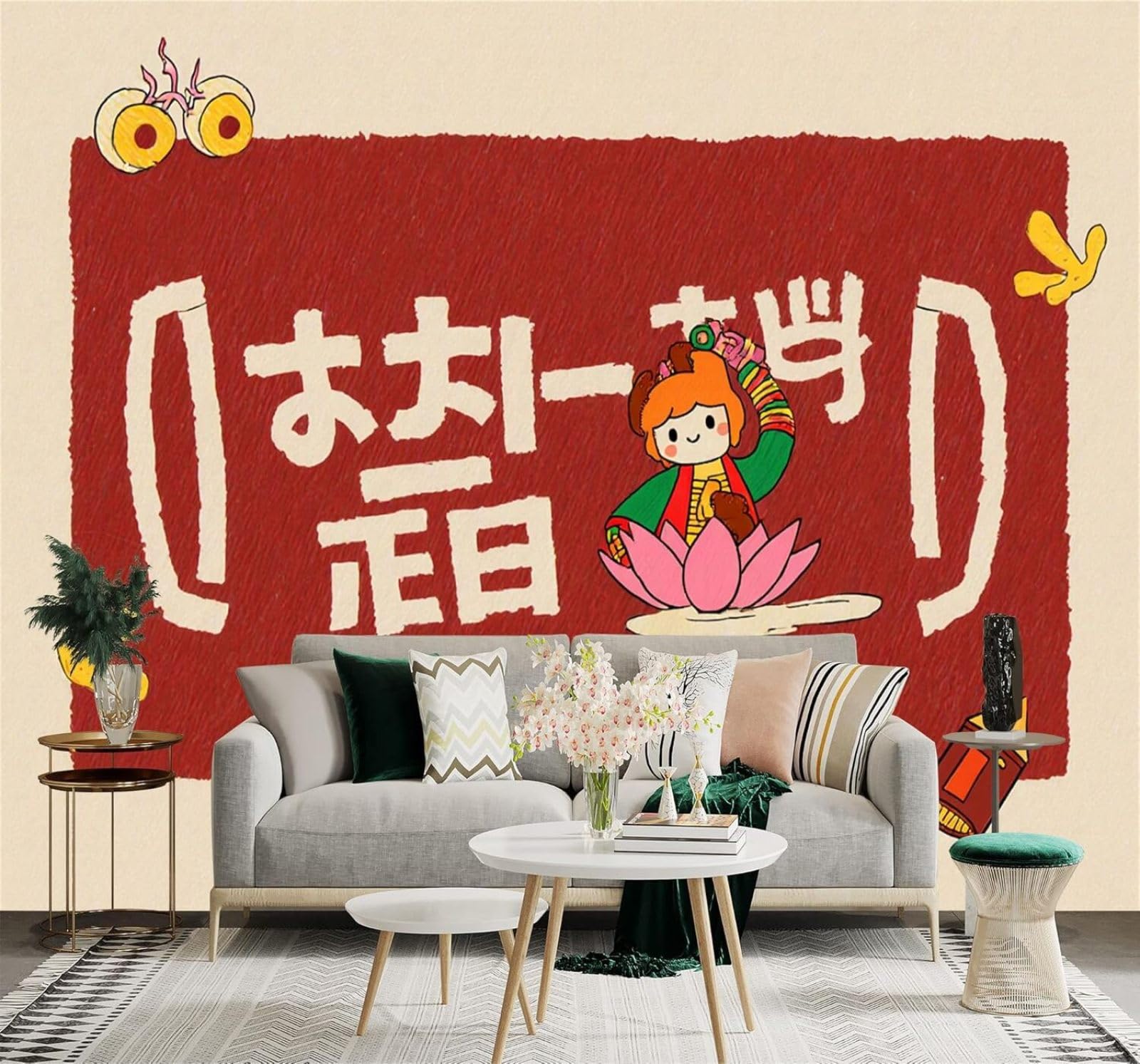 XLMING Minimalist Red Cartoon Cute Girl Lotus 3D Wallpaper Premium Textured Silk Study Dining Living Room Bedroom Sofa TV Wall Easy Install-430cm×300cm