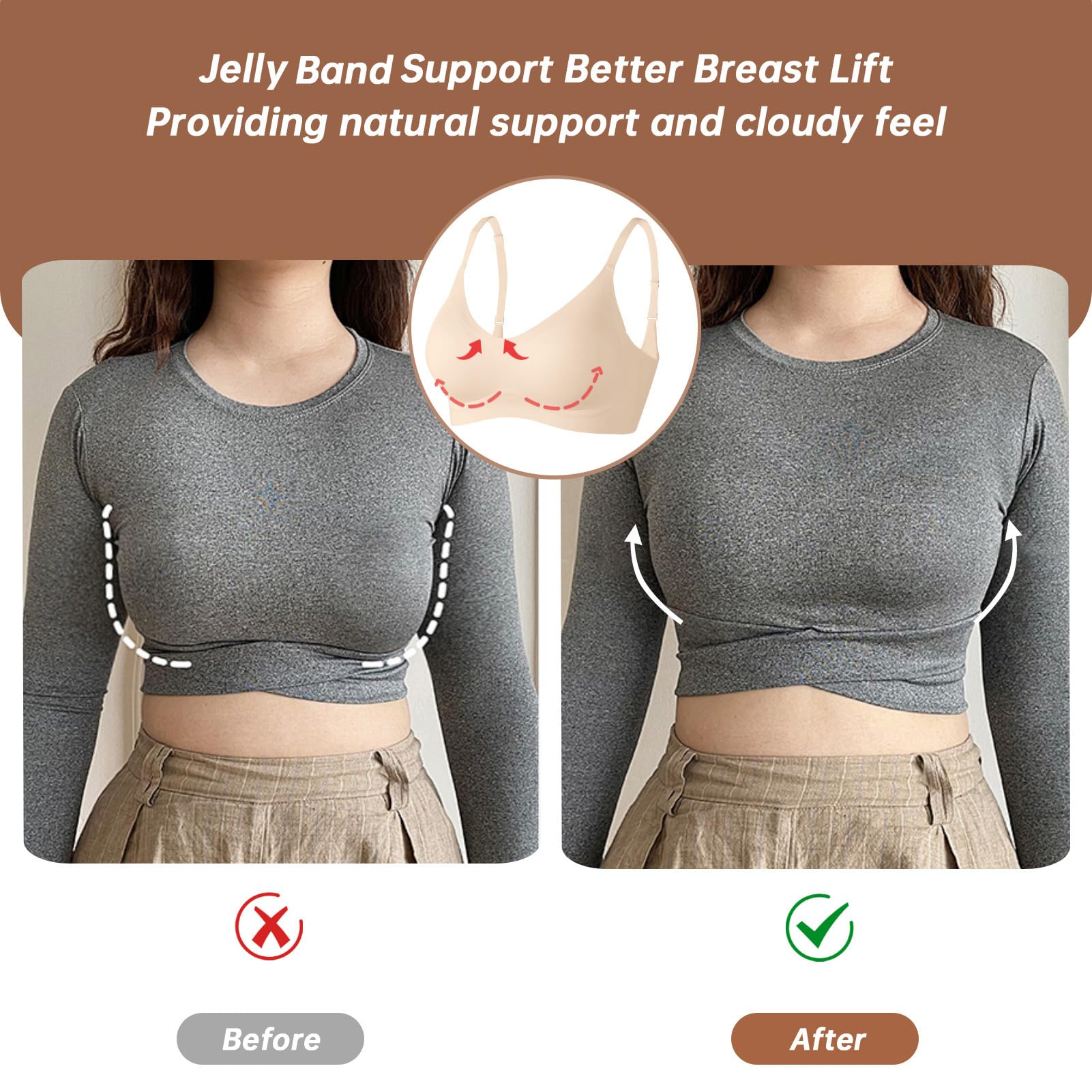 OEAK Womens Wireless Jelly Bras Comfortable Push Up Bra No Underwire Gel Bra Full Support Lift Everyday Seamless Tshirt Bras: XX-Large Beige