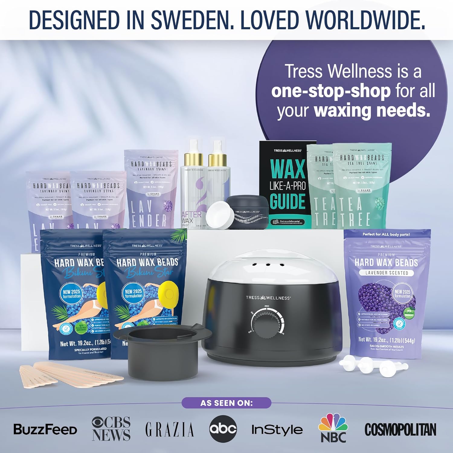 Tress Wellness Deluxe Waxing Kit for Sensitive Skin – Safe for Face & Skin, Prep & Aftercare Spray, Easy to Use – At-Home Kit for Face, Bikini, Brazilian & Full Body, Black & White