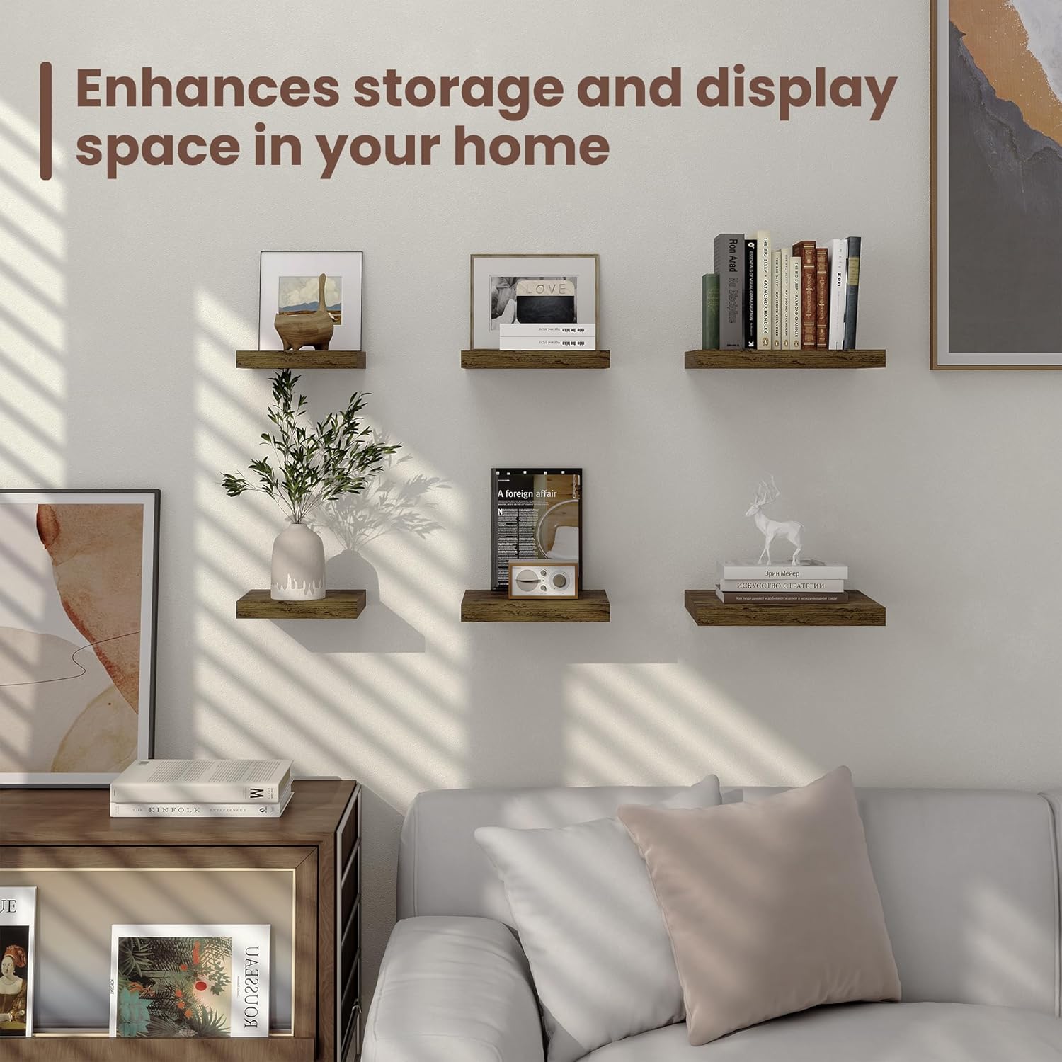 Fun Memories Floating Shelves for Wall - 7.5 Inch Square Shelves with Invisible Brackets, Small Wall Shelf for Living Room, Bathroom, Bedroom, and Kitchen Decor Brown Set of 3