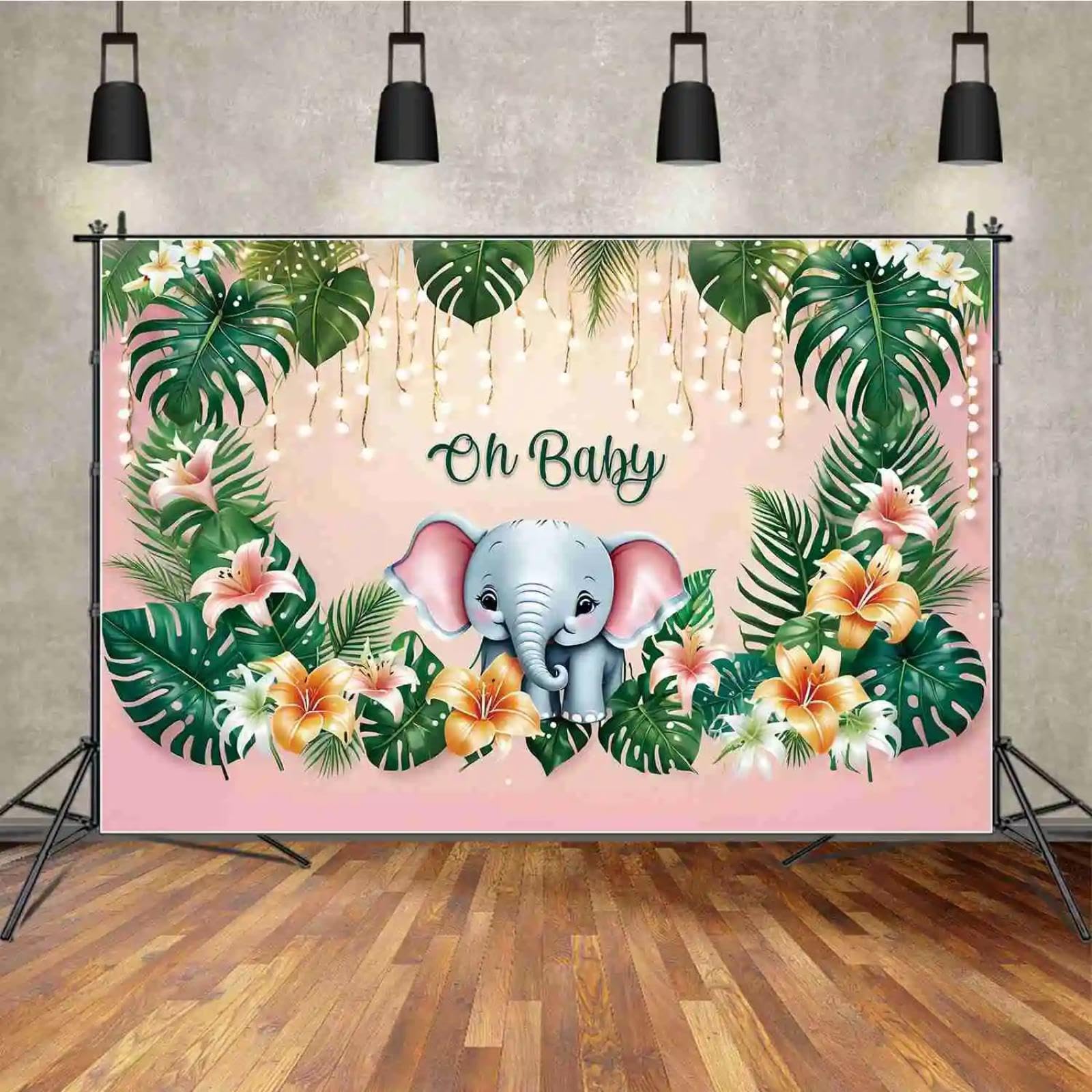 Tło Oh Baby Shower Baner Tło Zwierzę Słoń Liście Palmy Dekoracja Wszystkiego najlepszego Fotografia Rekwizyty 300 x 200 cm