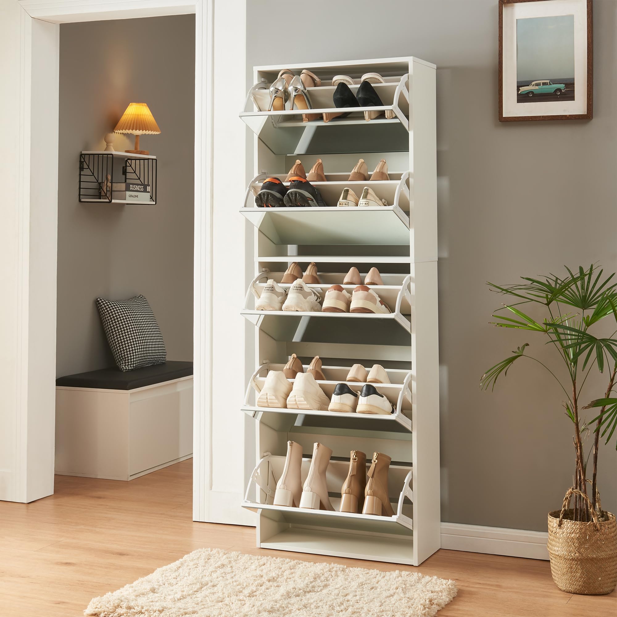[en.casa] Armario Zapatero con Espejo Lund Mueble Zapatero con 5 Puertas Abatibles Organizador de Zapatos para 20 Pares de Calzado 169 x 60 x 24 cm Blanco