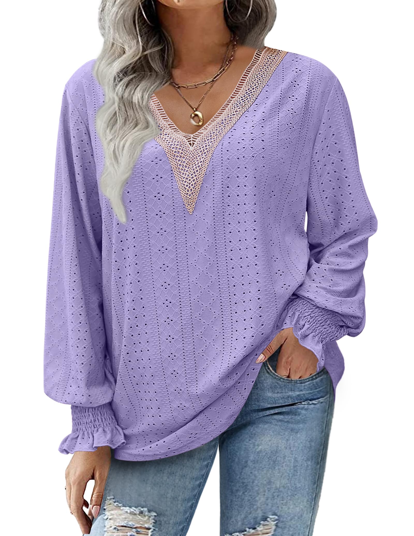 IN'VOLANDWomen's Plus Size Lace V Neck Shirt Ruffle Long Sleeve Tops Loose Eyelet Dressy Blouse Hollow Casual Tunic