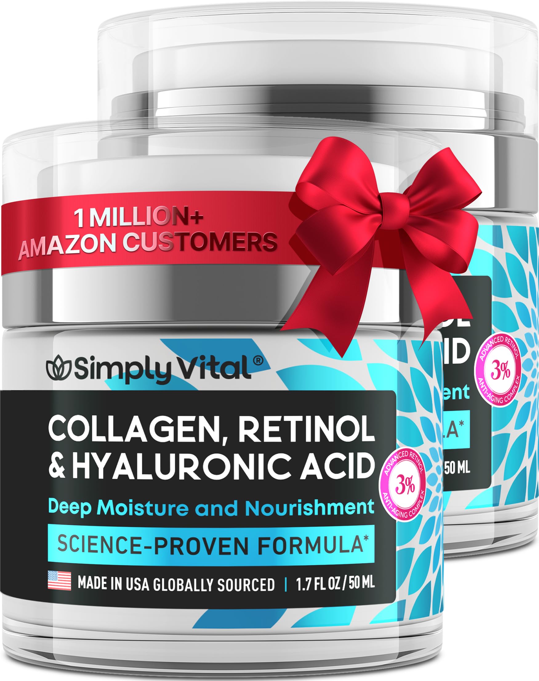 SimplyVital Collagen Face Moisturizer - Anti-Aging Retinol Cream for Face, Neck & Décolleté with Hyaluronic Acid - Made in USA, Daily Moisturizer Face Cream, 2-Pack