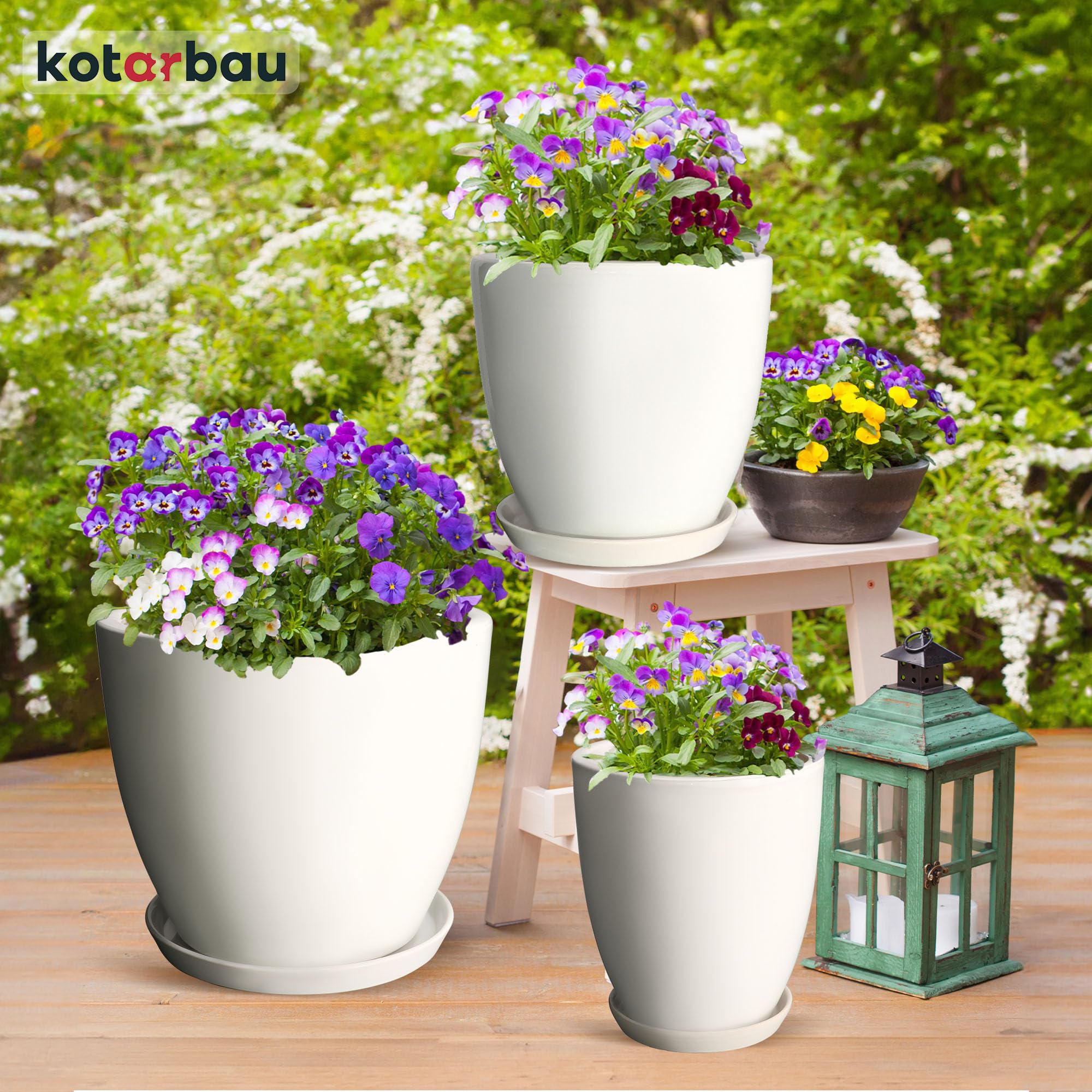 KOTARBAU Pot de fleurs avec soucoupe - Blanc - Diamètre : 31 cm - Hauteur : 30 cm - En céramique émaillée - Grand pot de fleurs pour cactus
