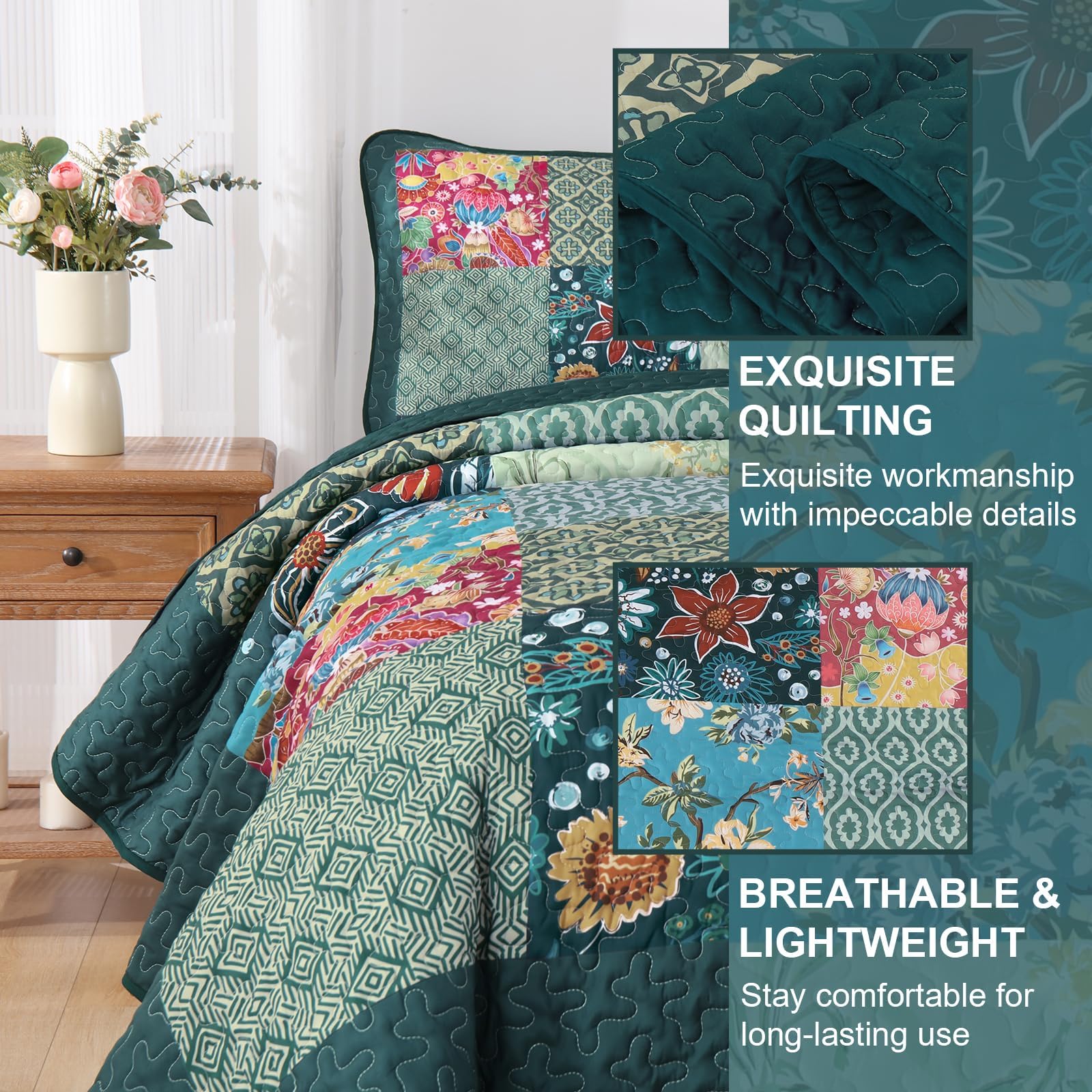 DJY Patchwork-Steppdecken-Set für King-Size-Betten, 3-teilig, grün, kariert, florales Muster, Boho-Türkis, rustikal, leicht, wendbar, für alle Jahreszeiten, 274 x 228 cm