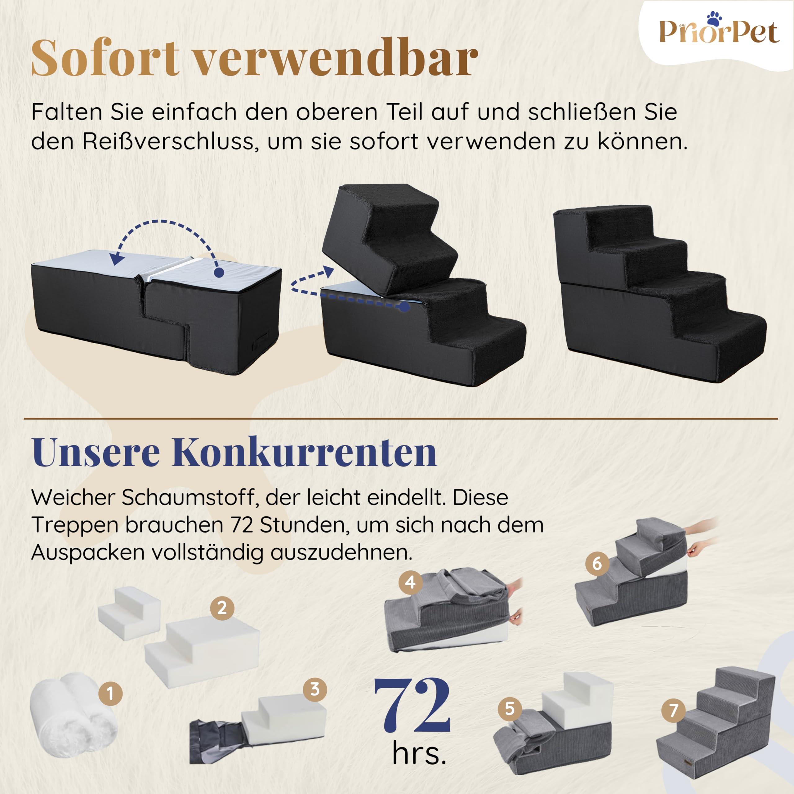 Hundetreppe für Bett und Sofa - 4 Stufen Hunderampe 58cm Hoch - Schaumstoff für Kleine Hunde - Sichere und Stabile Haustiertreppe - Abnehmbarer Waschbarer Bezug - Schwarz
