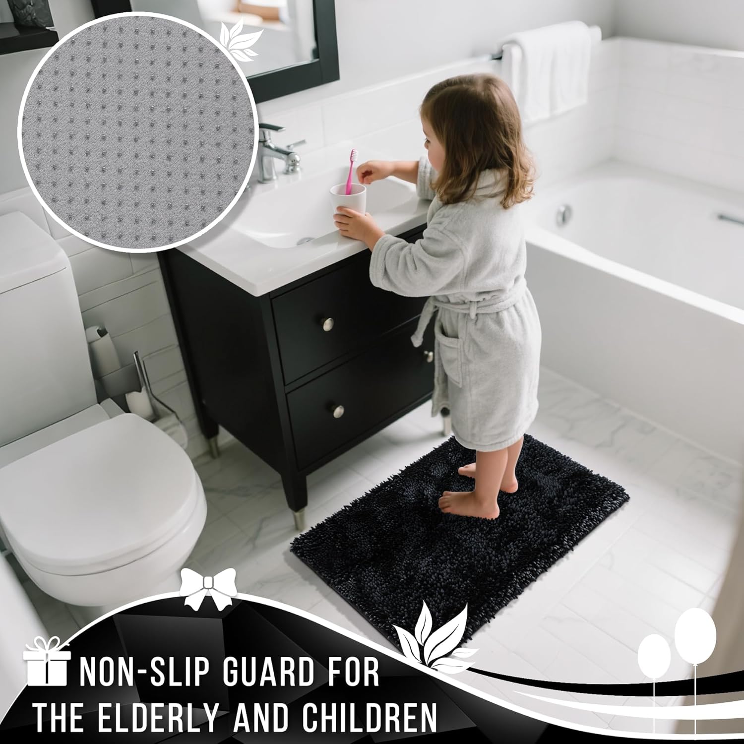 Yimobra Chenille Bathroom Rugs Non Slip, Extra Thick Soft Absorbent Bath Rug 31.5x20 Inch, Machine Washable Quick Dry Bath Mat for Bathroom Floor, Tub and Shower, Home Decor Accessories, Black