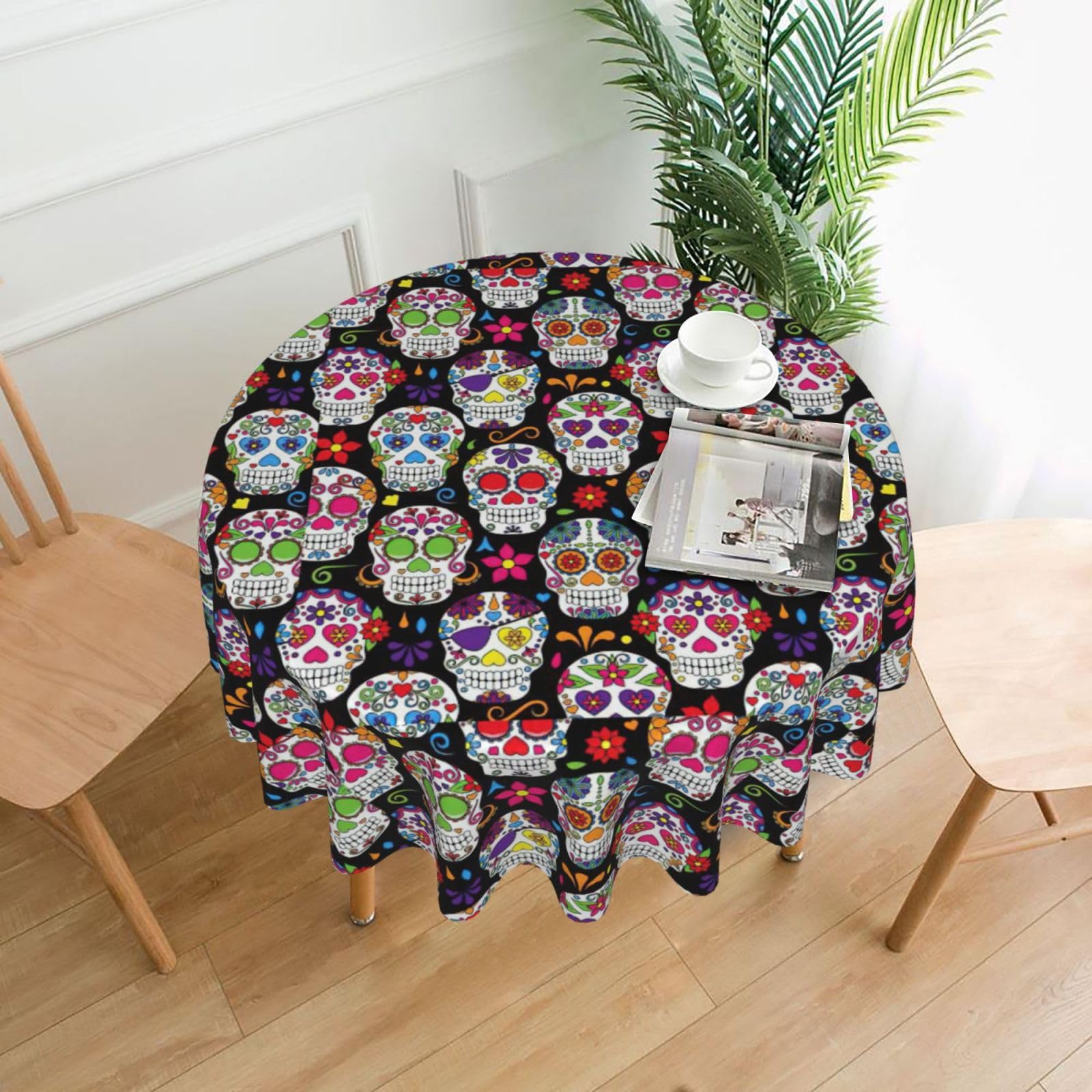 VCzsdff Sugar Skulls Print Stain Resistant Round Tablecloth 60in Family Friendly Polyester Cloth for Kids Meals