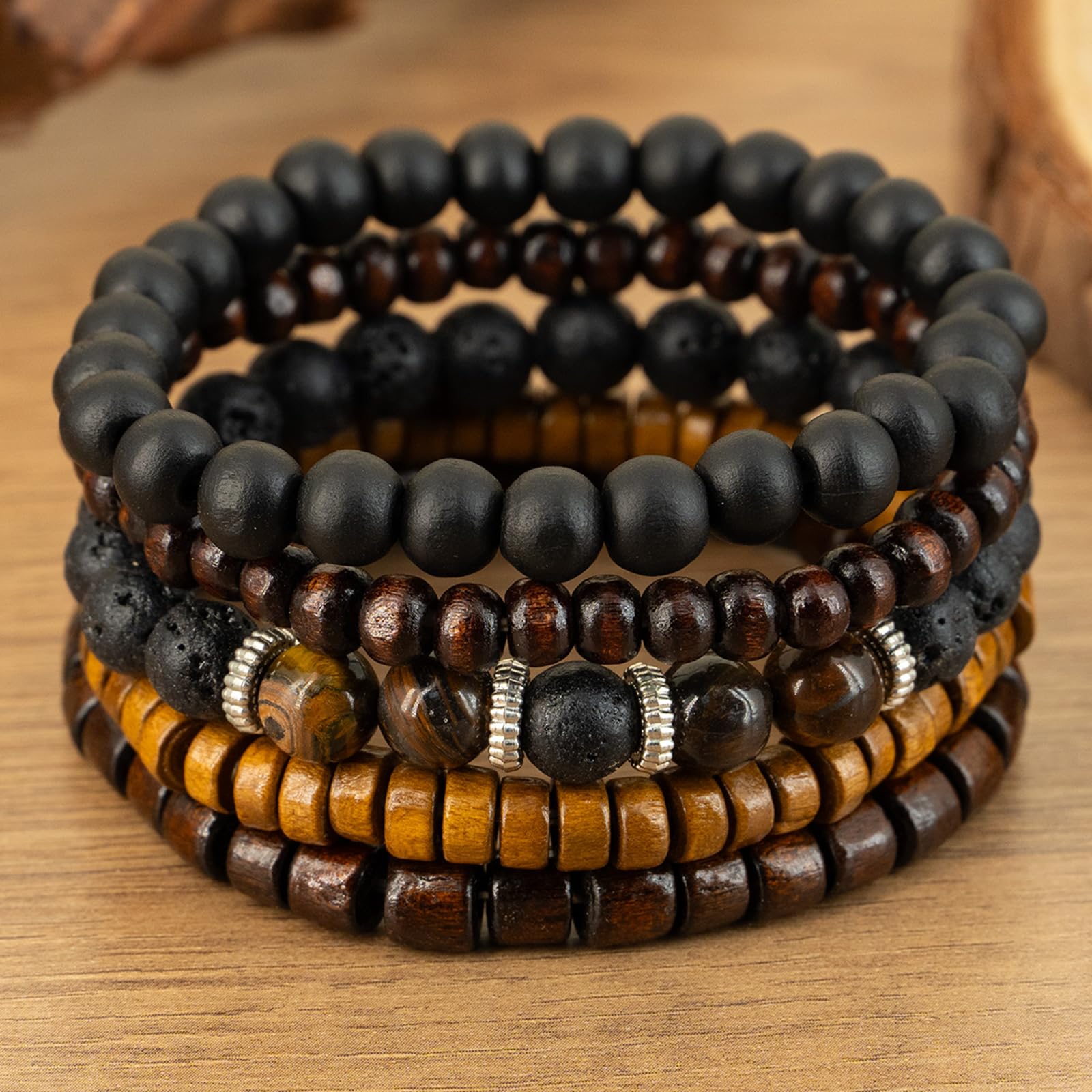 Set di 5 Braccialetti con Perline di Legno, Unisex, Stile Rustico Bohémien, Accessorio di gioielleria Vintage alla Moda, per Uomo e Donna