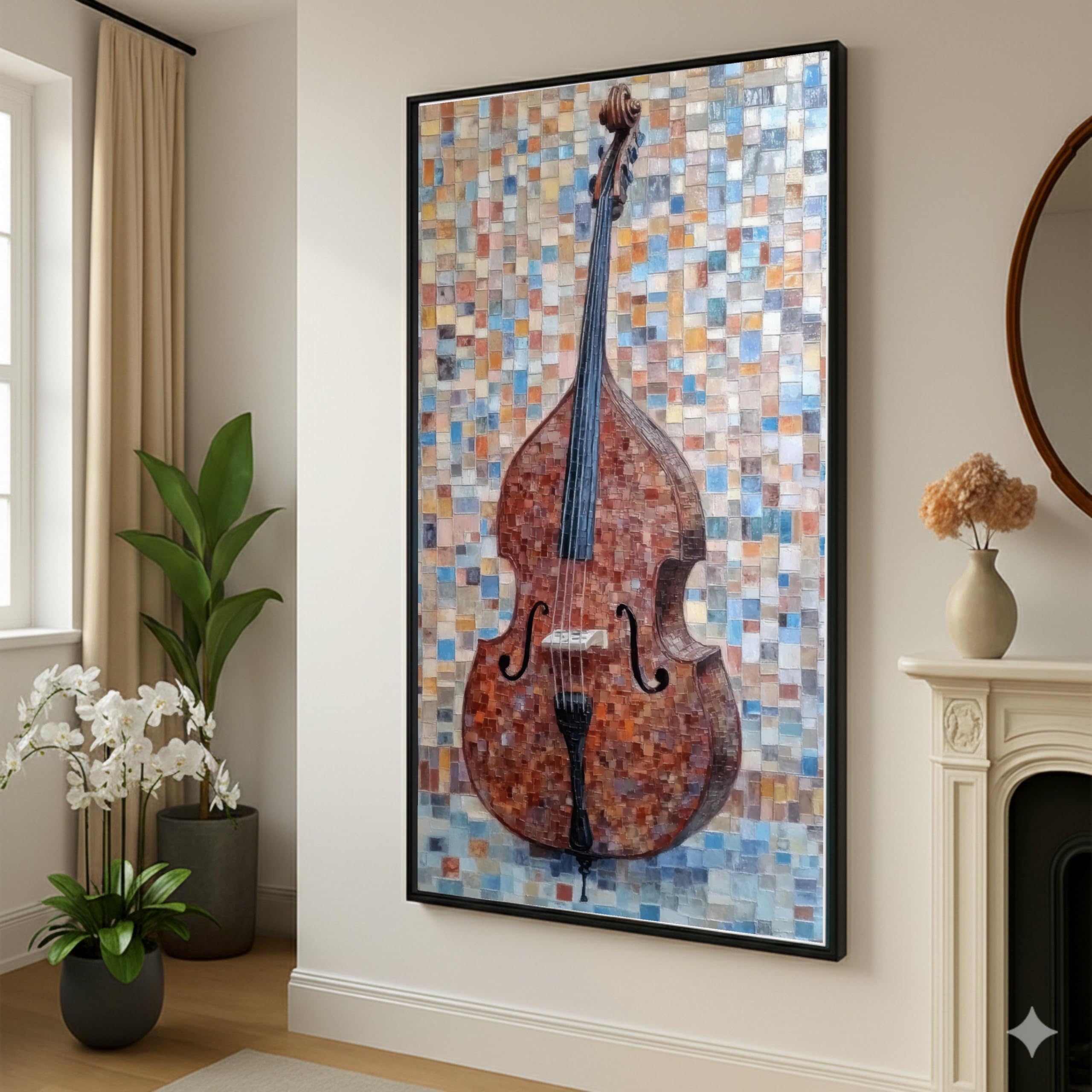 LMYCHENG Vintage kontrabas mozaika płótno instrument muzyczny dekoracja muzyczna dekoracja domu brązowy niebieski plakat gotowy do powieszenia (70 x 130 cm/bez ramki)