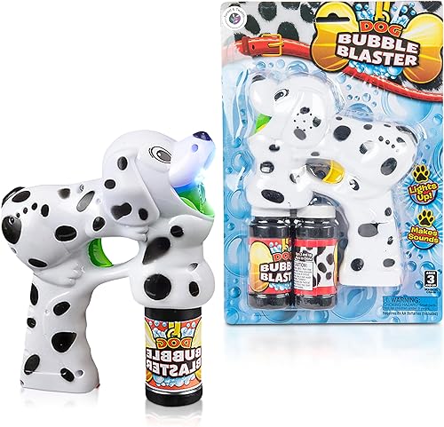 Dálmata - Lanzador de burbujas con luces LED, sonido y 2 botellas de solución de burbujas, pistolas eléctricas de burbujas Forest & Twelfth para