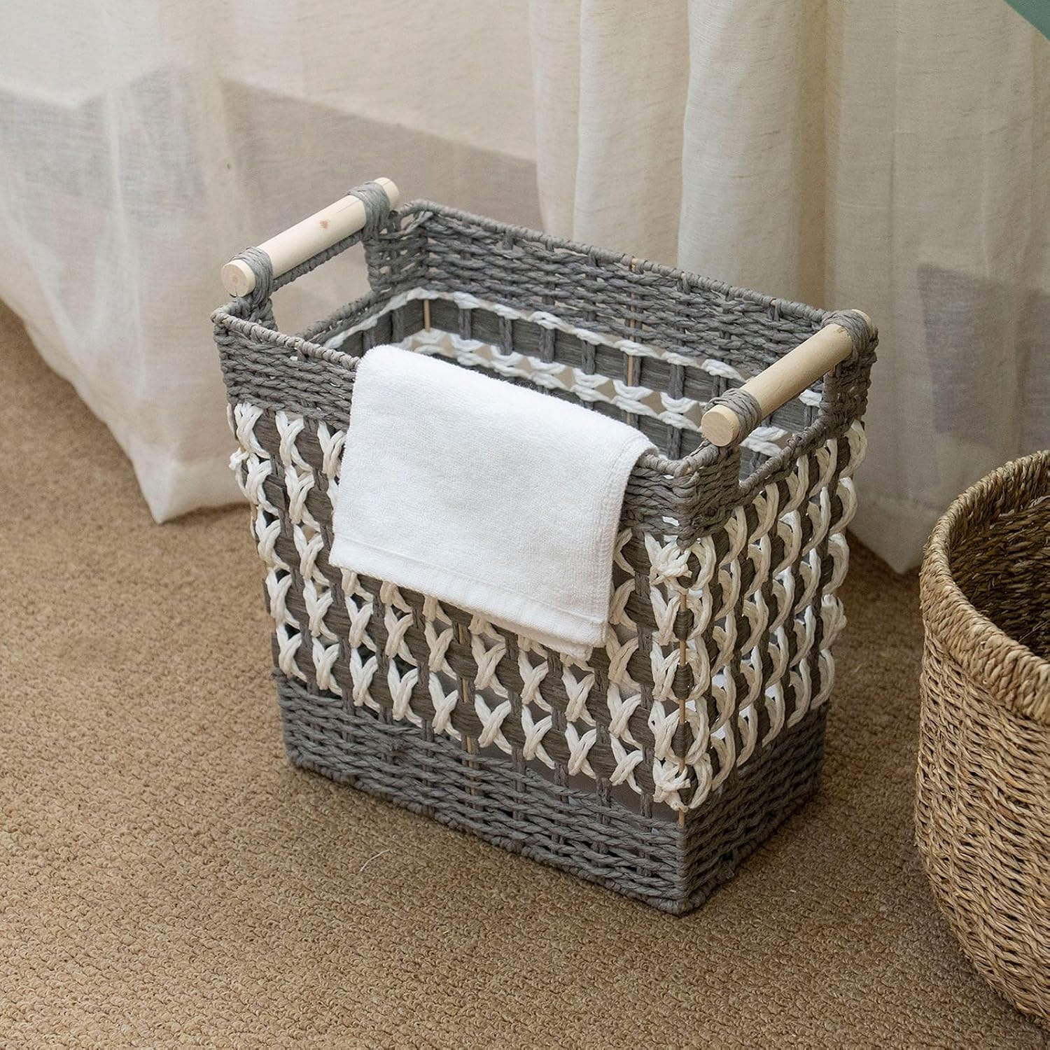 Large Paper-Cord Woven Storage Basket, Reinforced Iron Frame Organizer with Wooden Handle for Living Room, Bedroom & Balcony Storage(Grey+White)