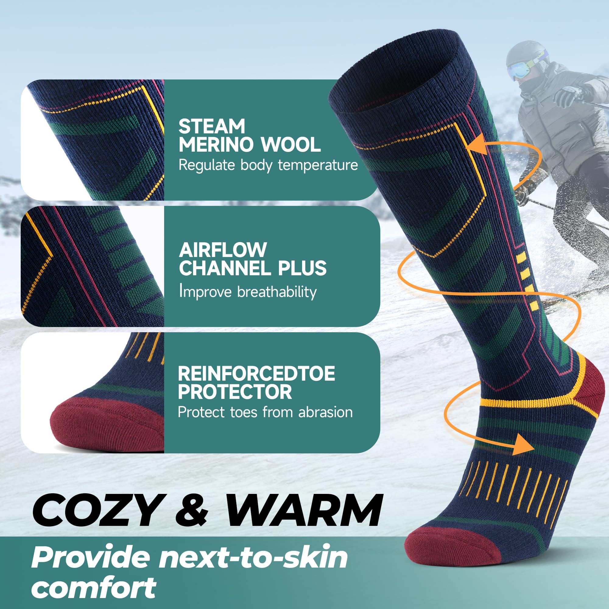 PULIOU Calze Da Sci In Lana Merino, Calze Termiche Da Snowboard, Traspiranti, Ad Asciugatura Rapida, Antiscivolo, Anti-Piaghe Da Decubito, Modello Spesso, Unisex Per Adulti E Adolescenti, 2Paar/3Paar