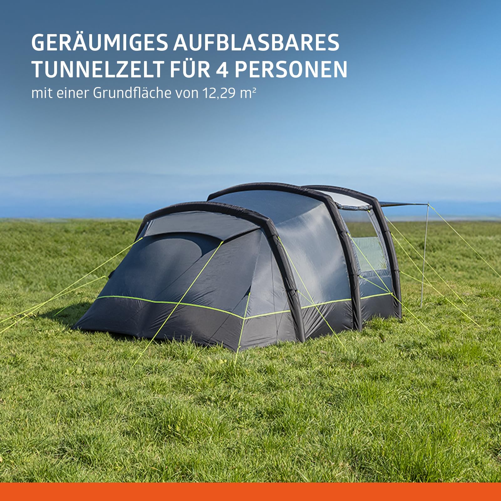 Campout Aufblasbares Tunnelzelt 455 x 270 cm – 4-Personen-Familienzelt mit 2 Schlafbereichen – Inklusive Pumpe und Bodenplane – Schwarz