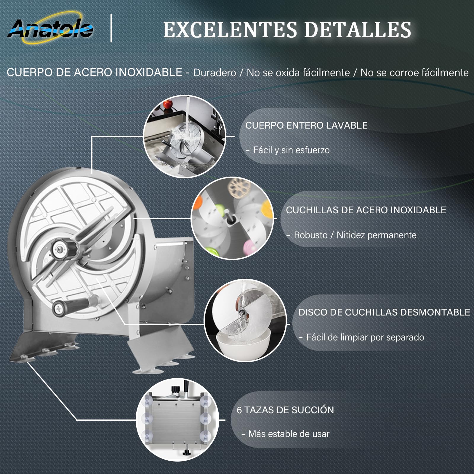 Anatole Cortador de Verduras en Rodajas de Acero Inox Profesional 0-13mm | Espesor Ajustable, 6 Ventosas, Rebanadora Manual para Patatas Cebolla Zanahoria Repollo Frutas Limón Naranja Restaurante Casa