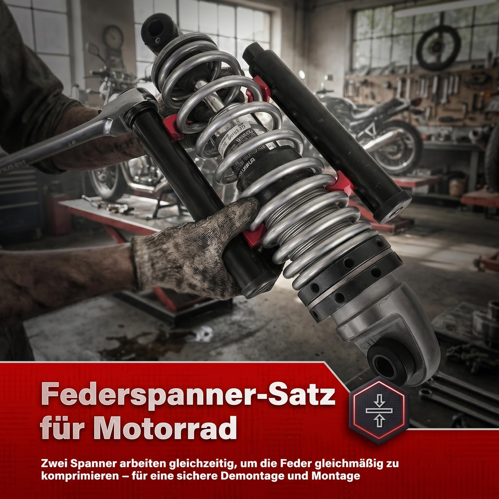 BILITOOLS Motorrad Federspanner Set für Stoßdämpfer und leichte ATVs | 2 Federspanner mit 17-mm-Antrieb und 7 Federschonern für Motorrad-Stoßdämpfer und leichte ATVs, nicht für Auto-Federbeine