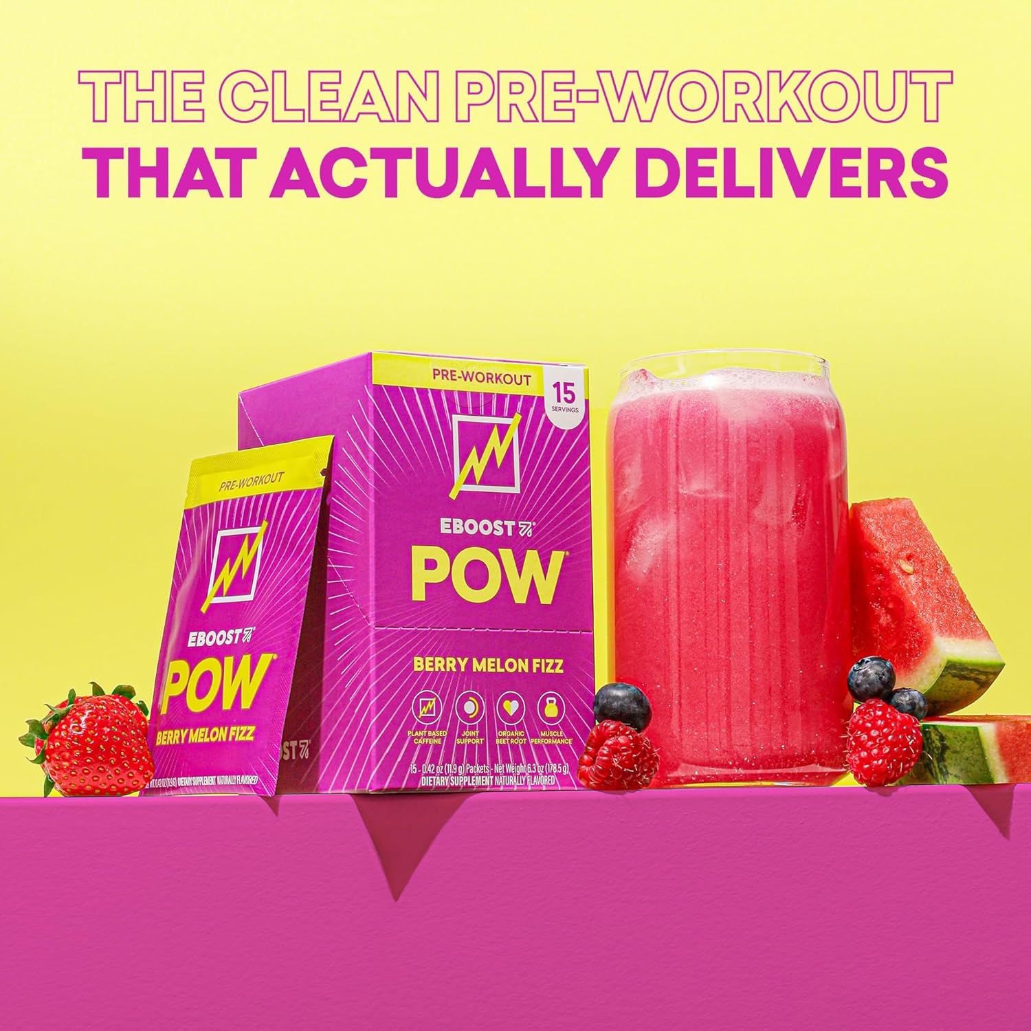 EBOOST POW Natural Pre Workout Powder - 15 Packets, Berry Melon Fizz - Preworkout Energy Booster Gym Supplement Drink Mix for Men and Women - Performance, Joint Mobility Support - Gluten-Free - Image 3