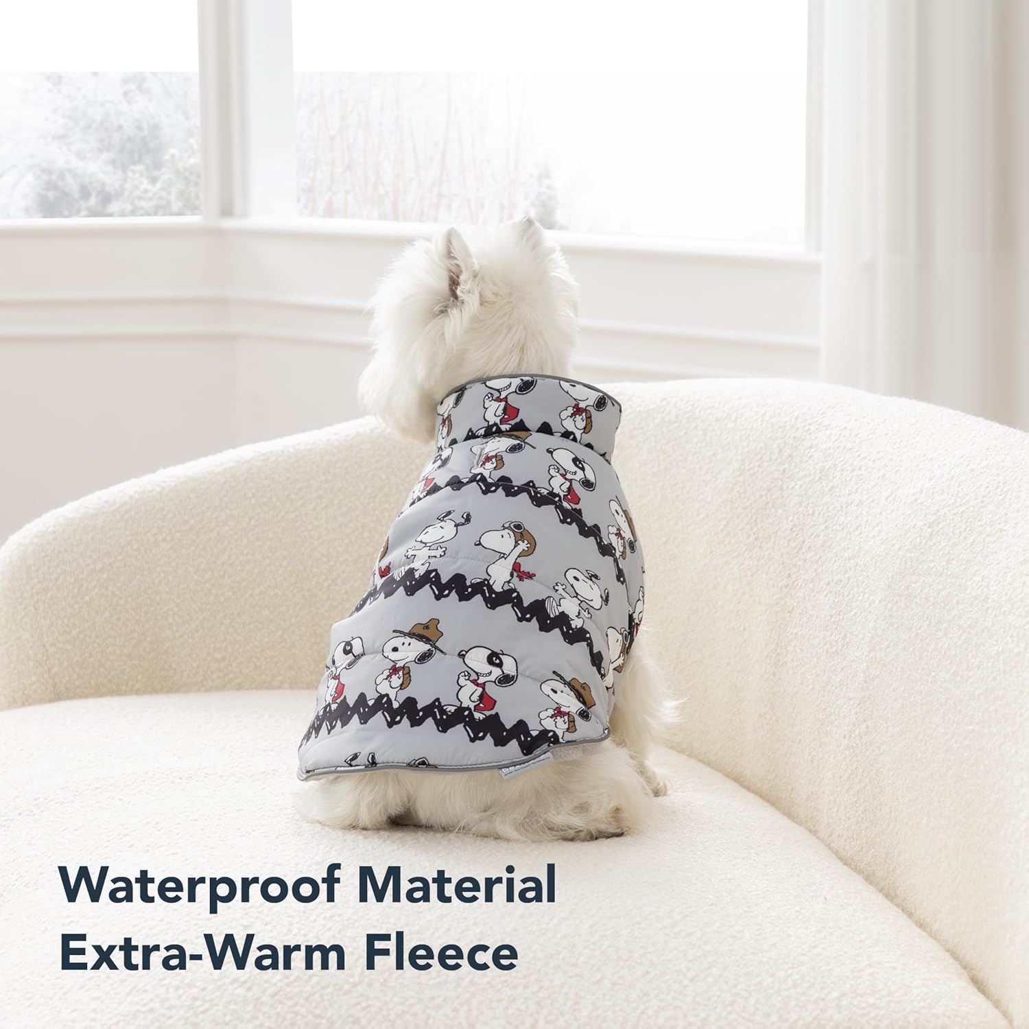 Berkshire Peanuts® Microfleece Dog Coat, Warm Fleece Dog Jacket with Waterproof Shell, Hook & Loop Design for Small, Medium, or Large Dogs (Extra Large, Zigzag Many Faces of Snoopy Small Chateau Grey)