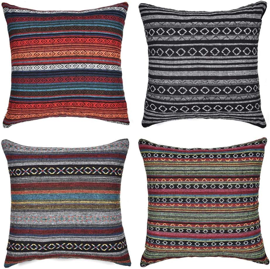 Set of 4 Decorative Throw Pillow Cover for Couch Sofa Bed Bohemian Retro Stripe Cotton Blend Linen Pillow Case