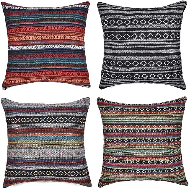 Freeas Set of 4 Decorative Throw Pillow Cover for Couch Sofa Bed Bohemian Retro Stripe Cotton Blend Linen Pillow Case