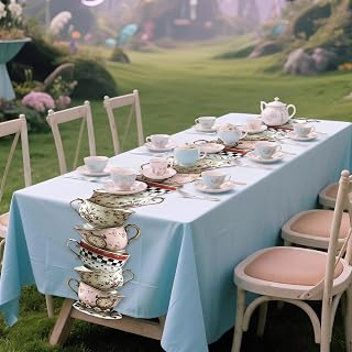 Wonderland Tea Party Decoration 17 x 72 inches Wonderland Teacup Table Runner Decoration Tea Theme Linen Teapot Favor for Birthday Wedding Dining Kitchen Party Baby Shower Decor Supplies, 2Pcs