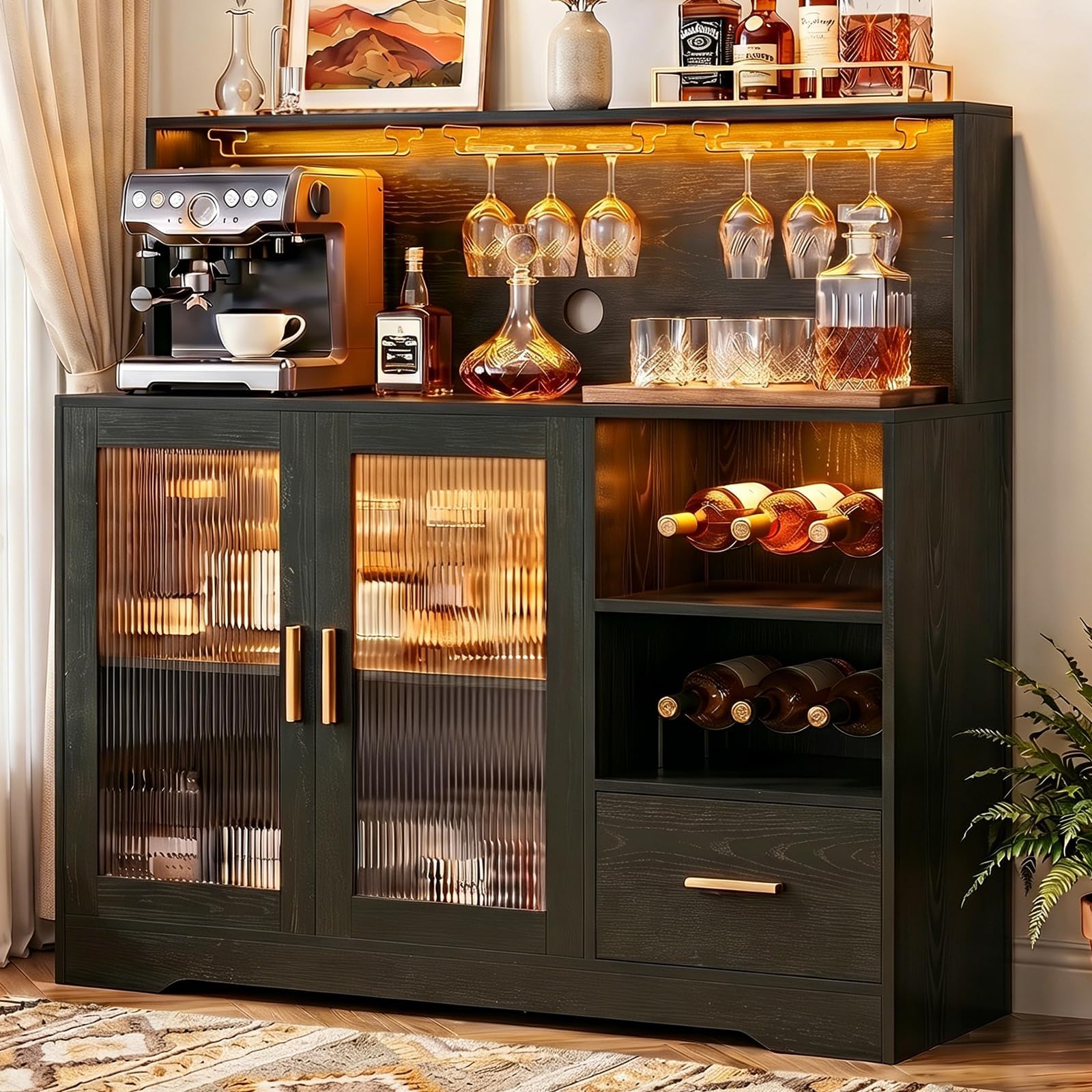 Wine Bar Cabinet with LED Lights Power Outlet Liquor for Home Black