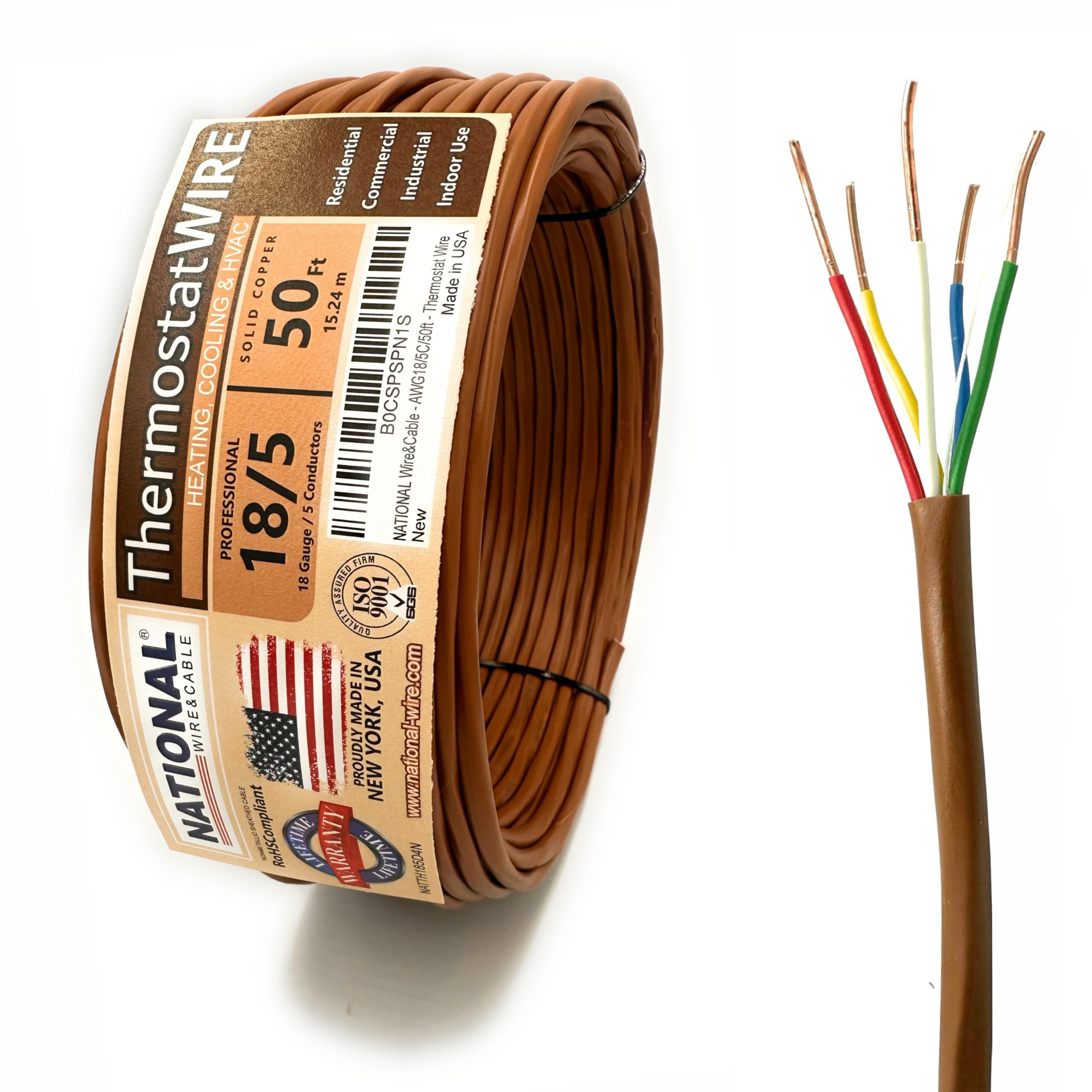 18/5 50Ft. NATIONAL Wire&Cable Thermostat Doorbell HVAC Heating Control Professional Cable Wire - Made in USA - 100% Solid Copper Conductors, CL2 ETL
