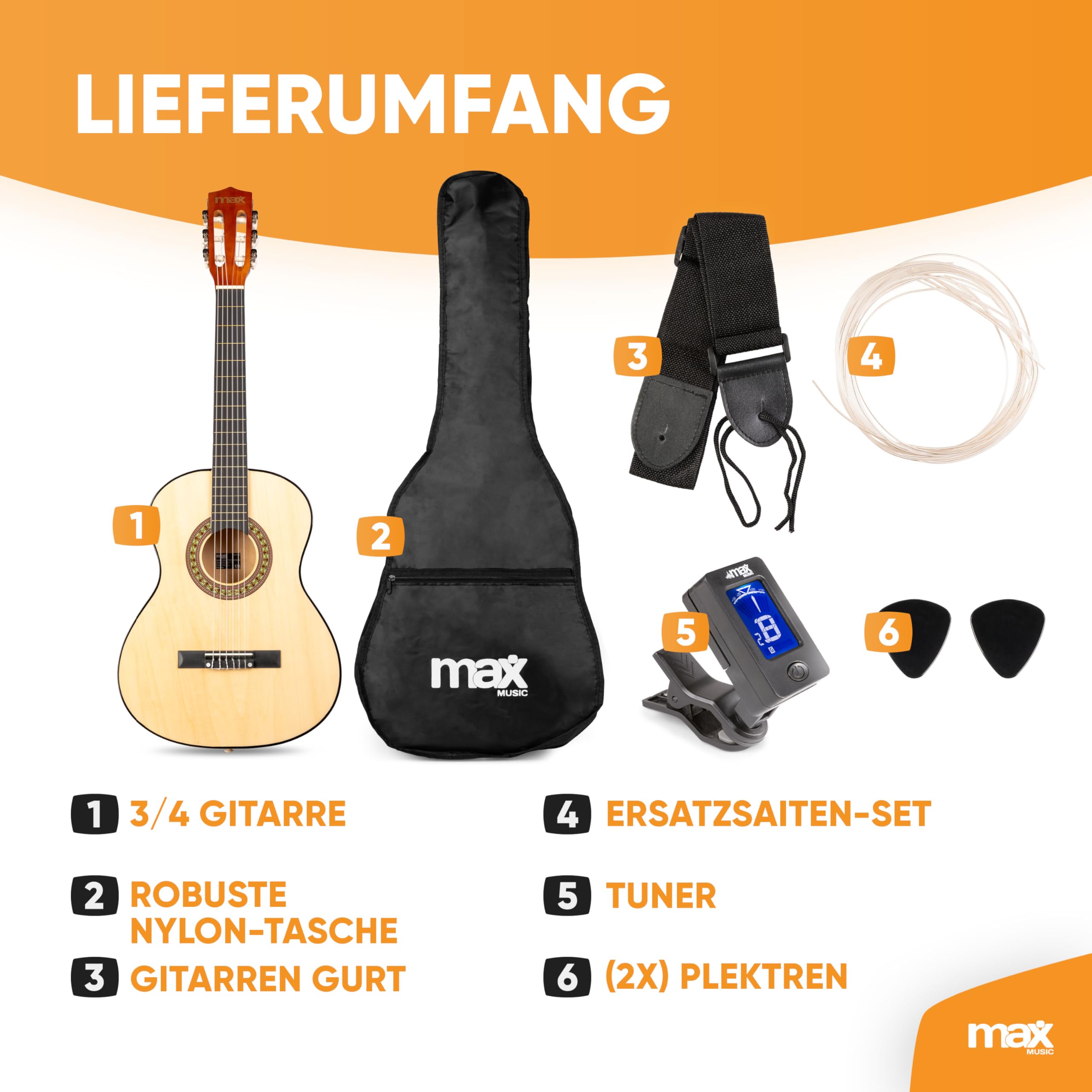 MAX SoloArt - Gitarre 3/4 Kindergitarre ab 6 Jahre, Junior Akustik Gitarre inkl. Gitarrenständer, Tasche, Plektrum, Gurt und Saiten-Zubehör, 3/4 Guitar Kinder ab 6 Jahren in Holz Ahorn