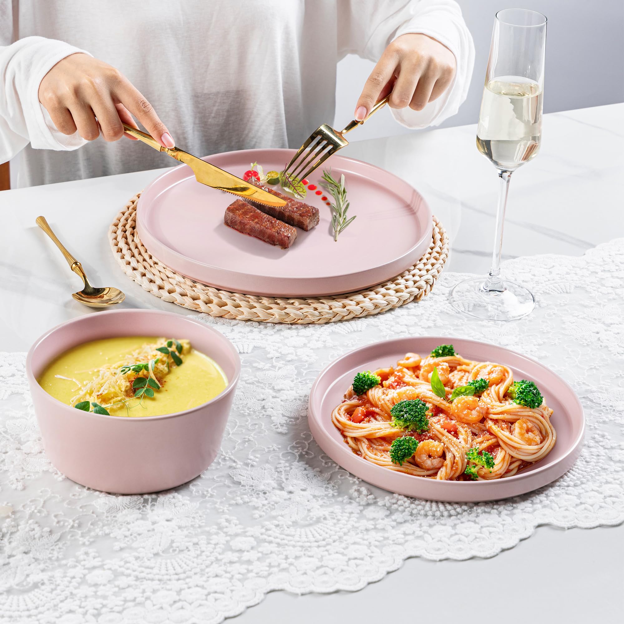 AmorArc Juego de platos llanos de cerámica de 6,10.0 pulgadas de gres mate para cocina, juego de vajilla plana moderna, apto para microondas y lavavajillas, resistente a los arañazos, rosa mate