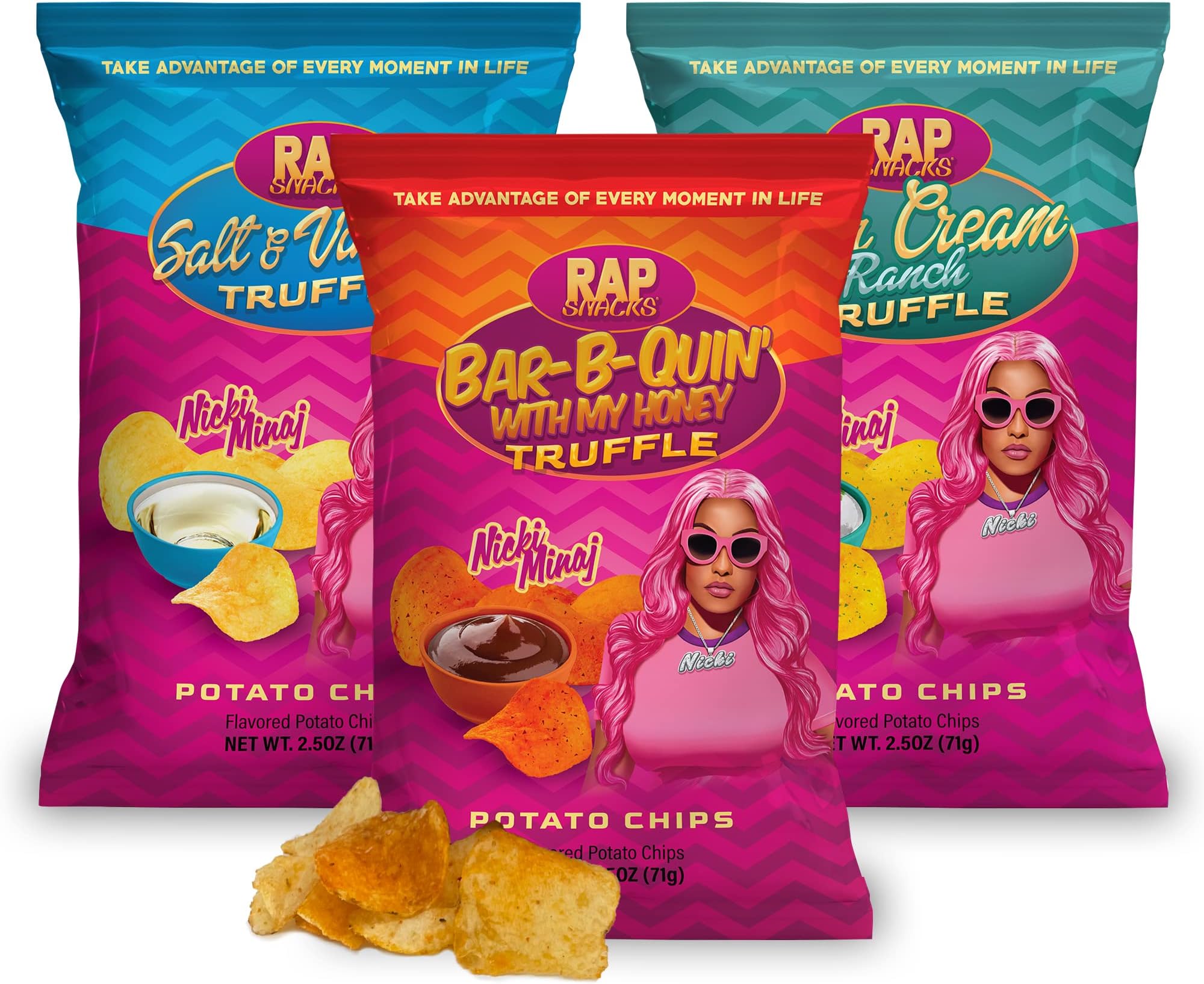 Rap Snacks Nicki Minaj Sour Cream and Truffle, Honey BBQ Truffle and Salt and Vinegar Truffle Variety Pack of 6