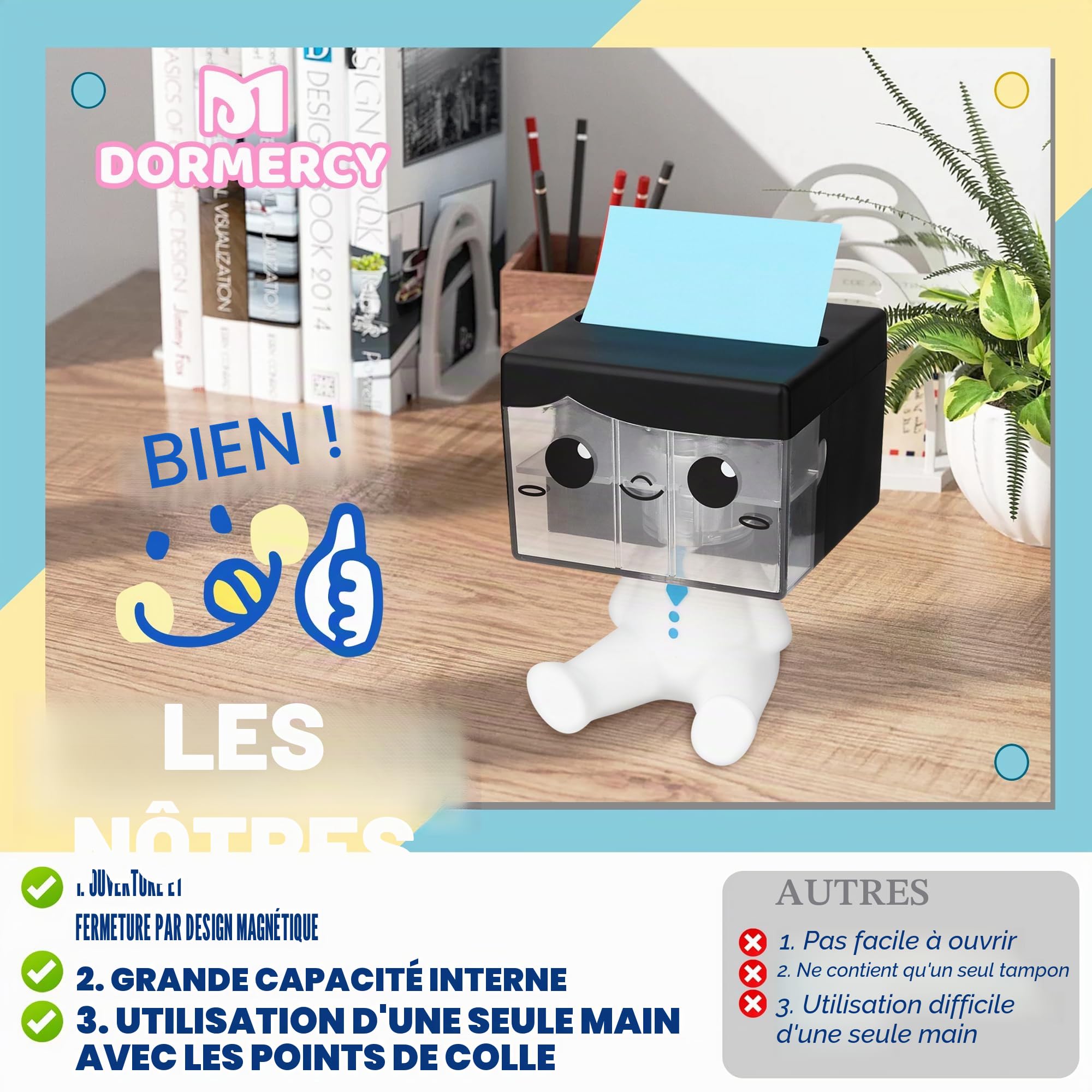 Idea Boy Distributeur de notes autocollantes pour bureau, école, fournitures de bureau mignonnes, 7,6 x 7,6 cm, design magnétique, blanc, 1 pièce
