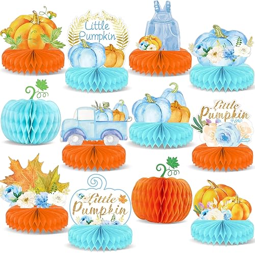 12 piezas de decoración de calabaza pequeña para baby shower, centros de mesa de calabaza de otoño, nido de abeja, A Little Pumpkin is On The Way,